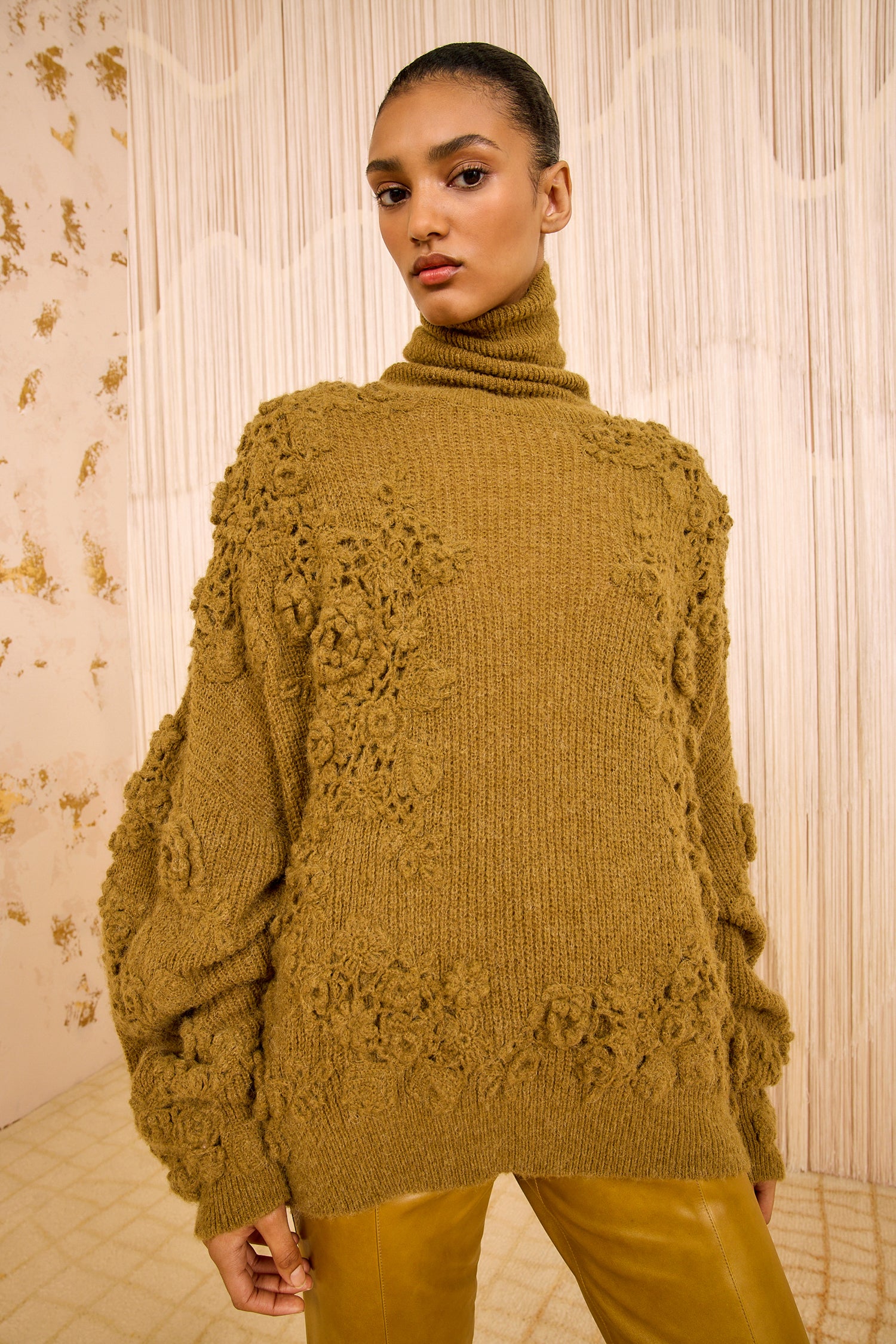 Lelou Crochet Knit Turtleneck - Pine