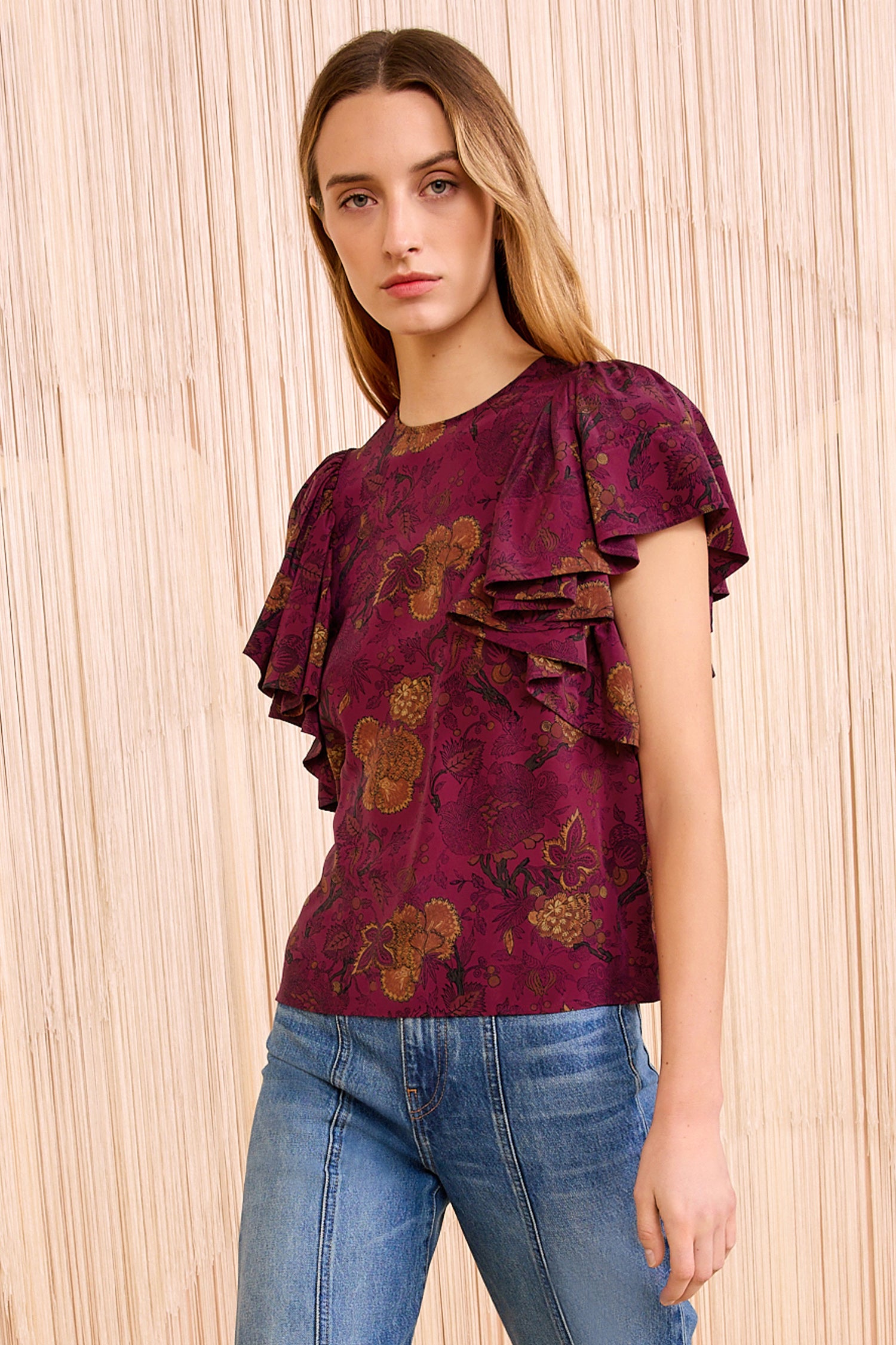 Lena Silk Flutter Sleeve Blouse - Peony