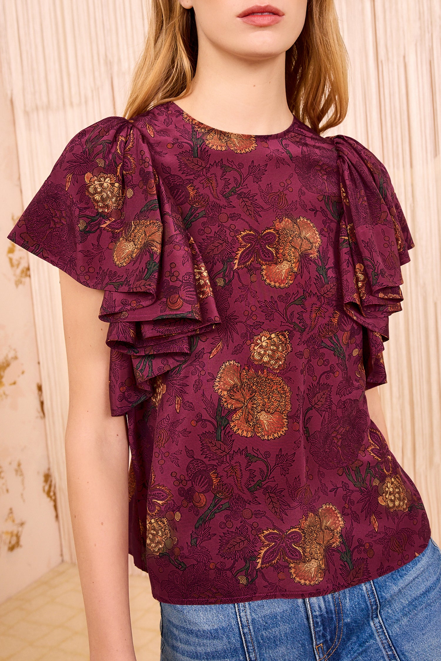 Lena Silk Flutter Sleeve Blouse - Peony