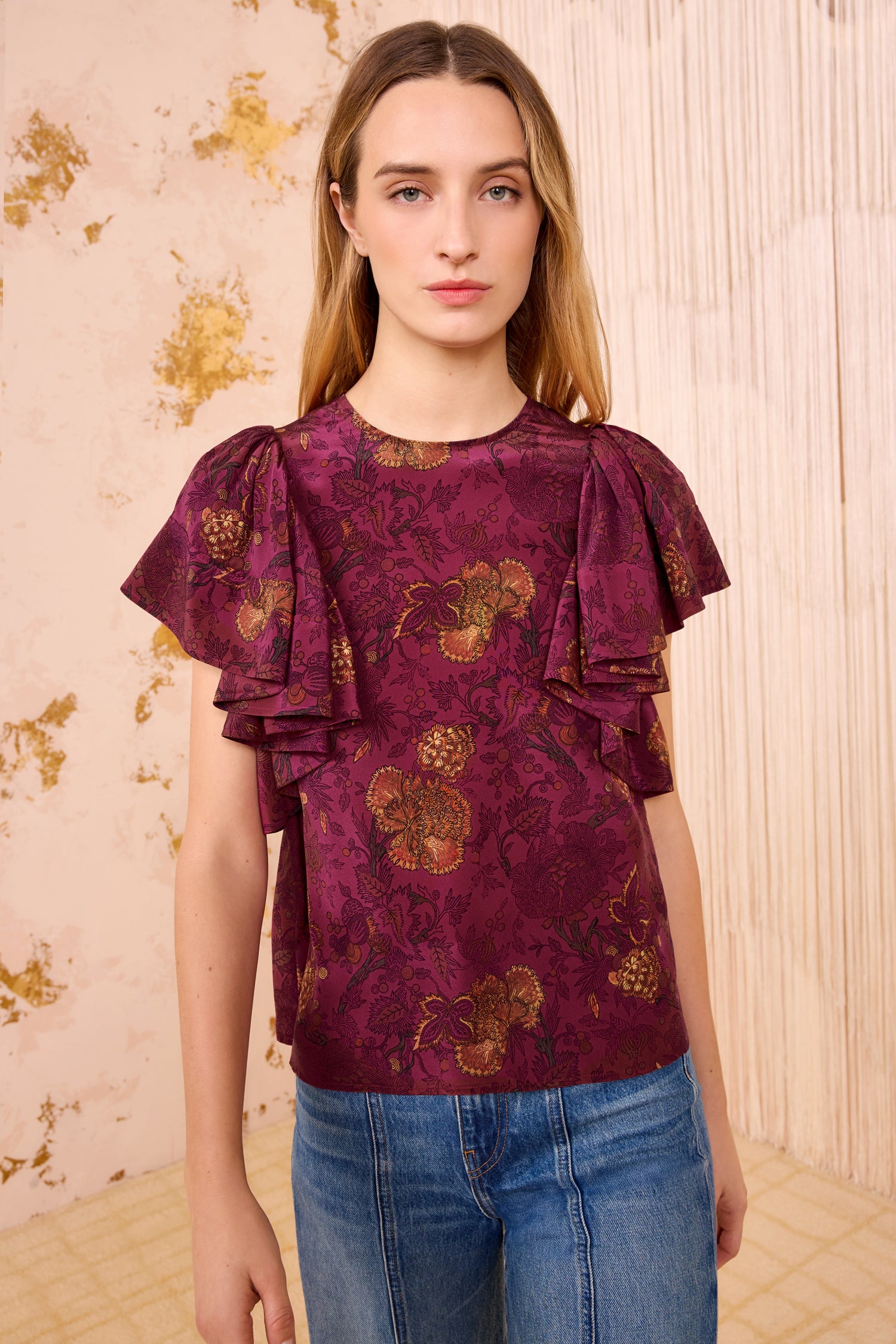 Lena Silk Flutter Sleeve Blouse - Peony