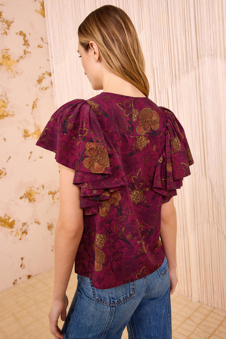 Lena Silk Flutter Sleeve Blouse - Peony