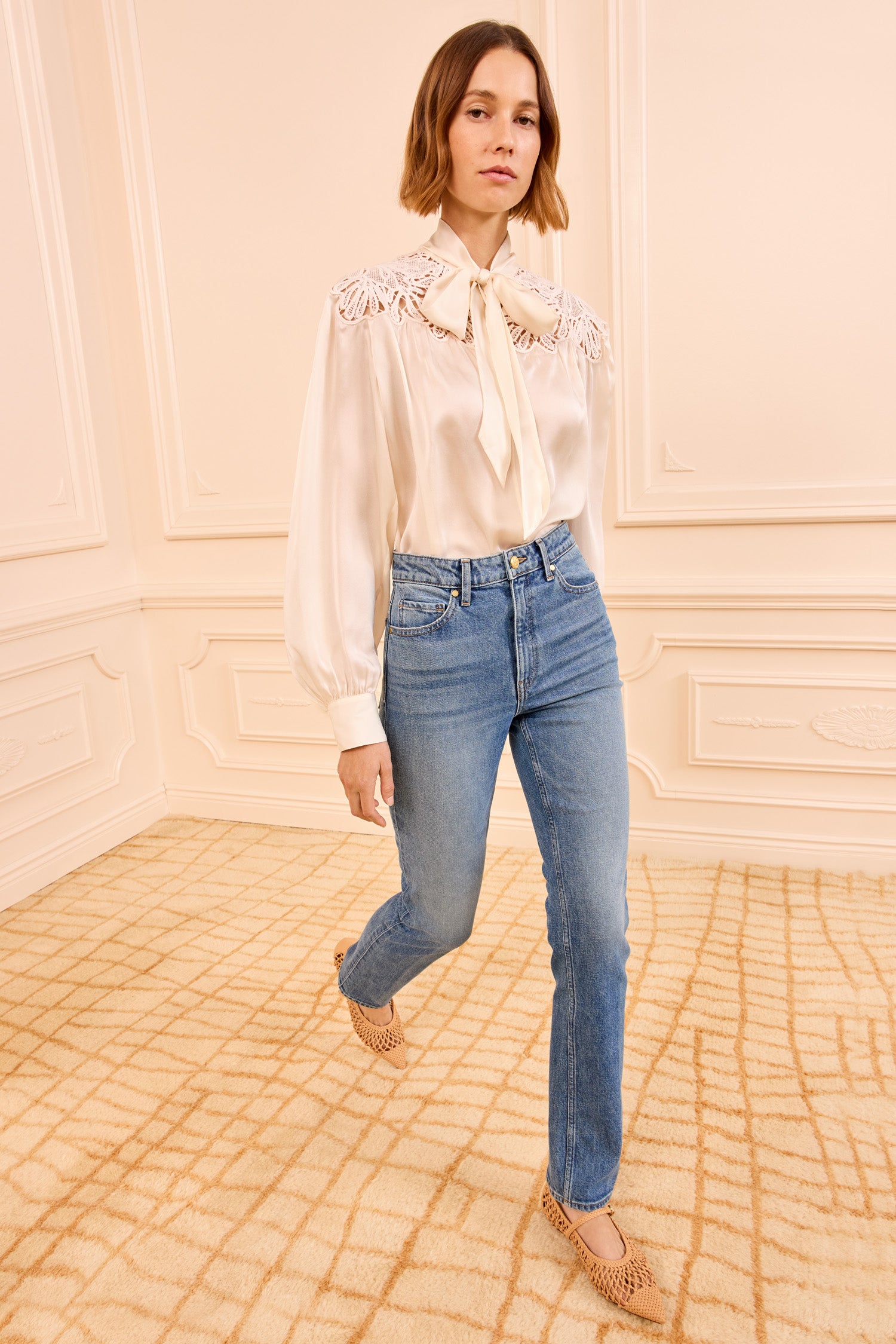 Lenora Silk Blouse - Chalk White Tie Neck Long Sleeve Blouse