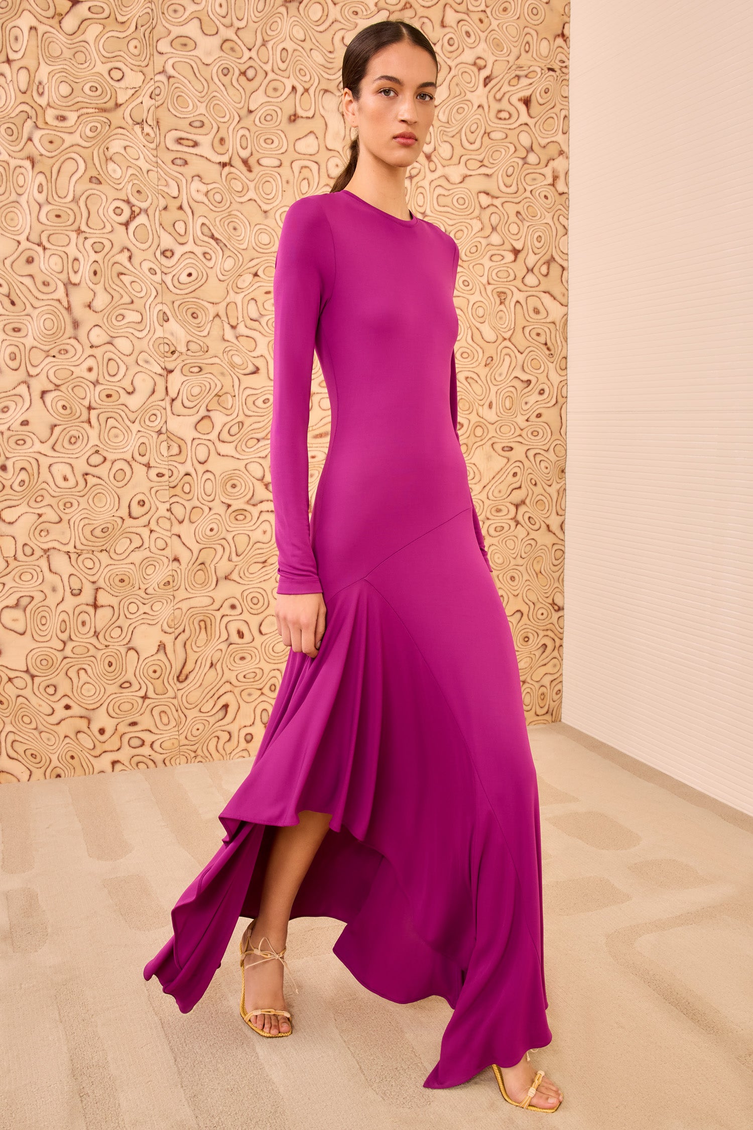 Leyna Long Sleeve Dress - Mulberry Pink Drop Waist Jersey Midi