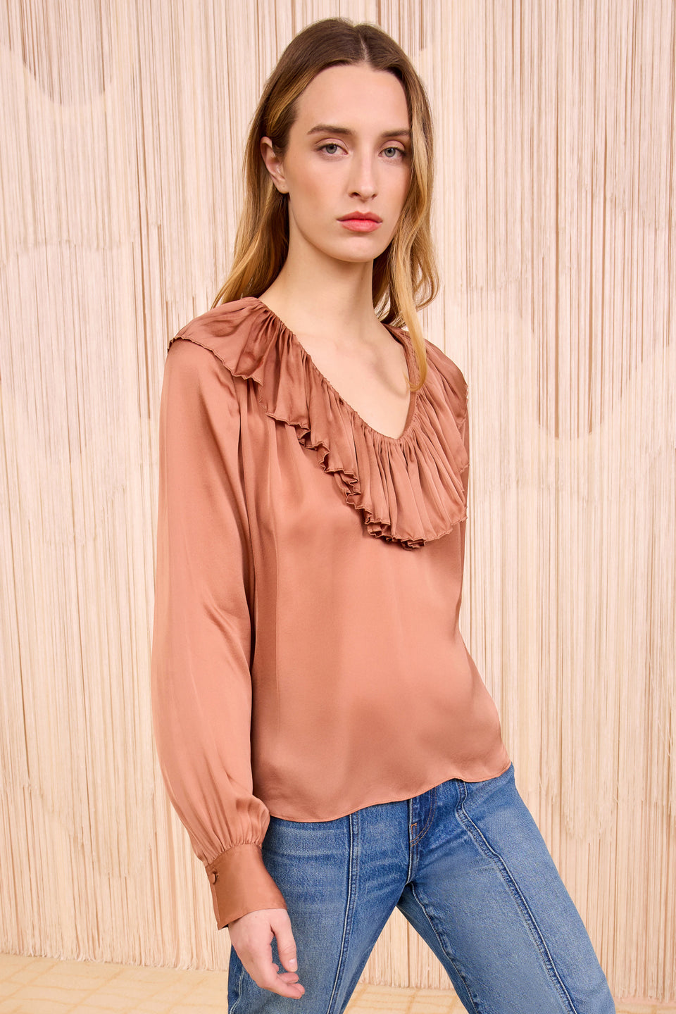 Liese Silk Ruffle Neckline Long Sleeve Blouse - Desert Rose