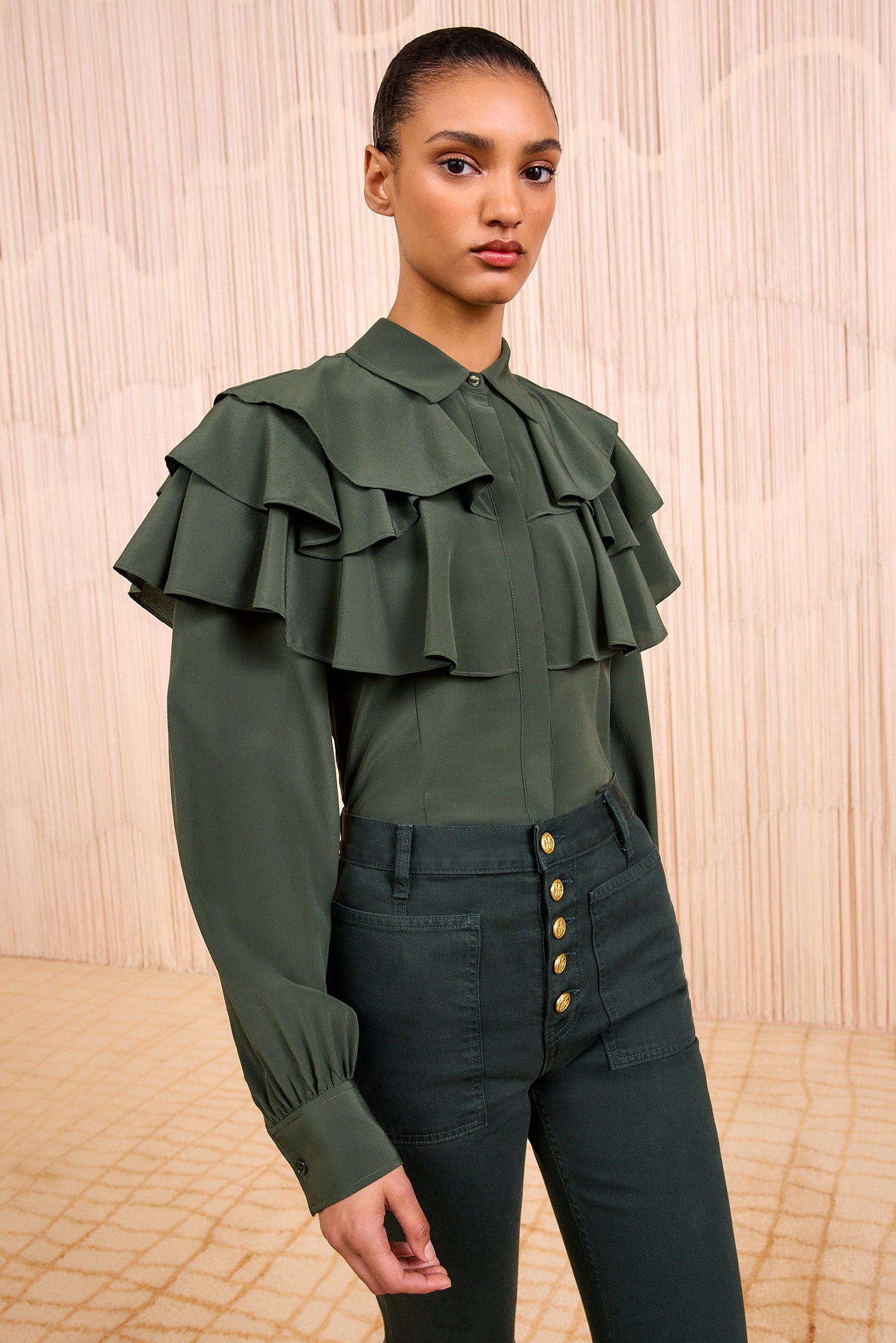 Liliana Silk Long Sleeve Blouse - Cypress