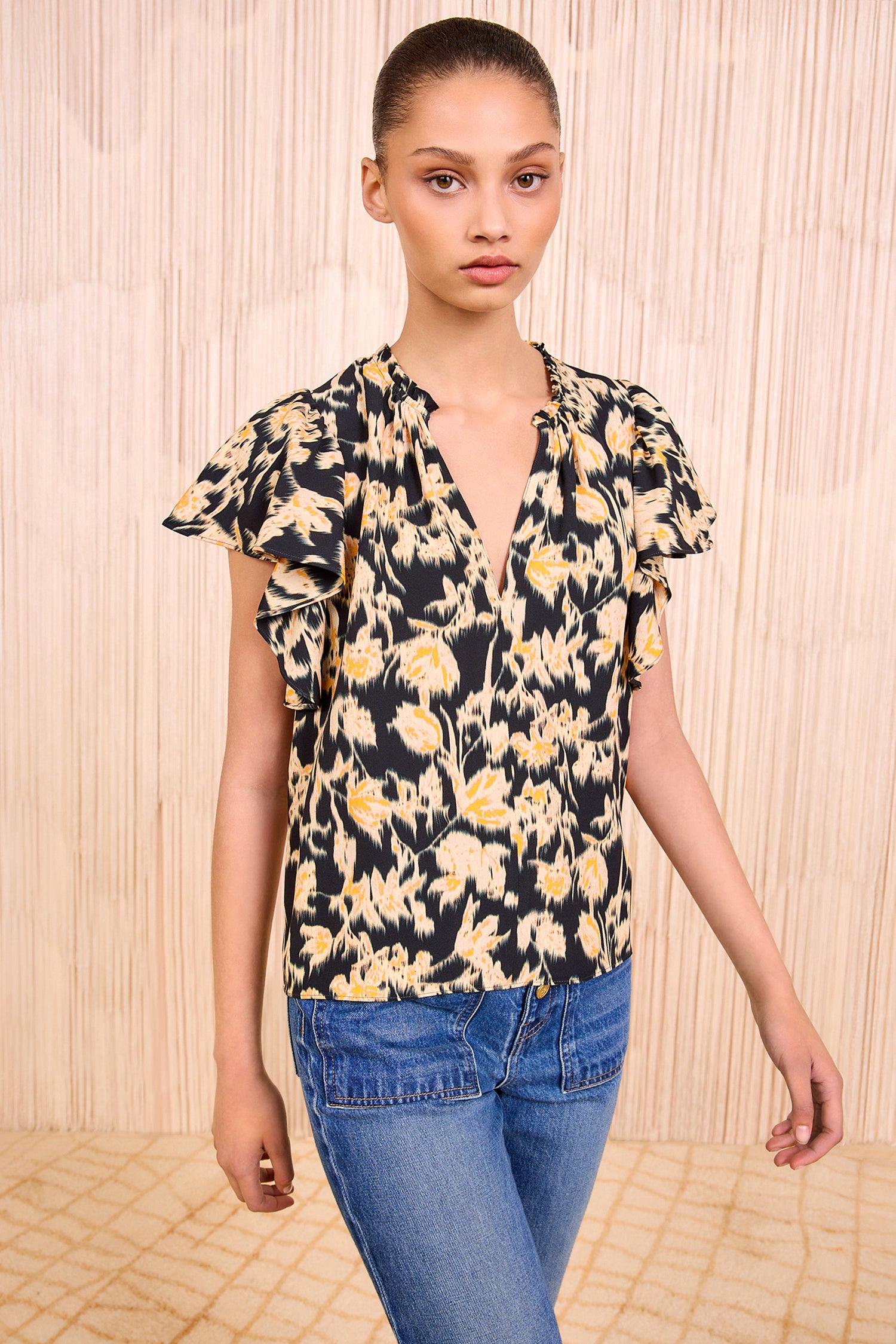 Lilo Flutter Sleeve Blouse - Tourmaline Flower Flutter Sleeve Top