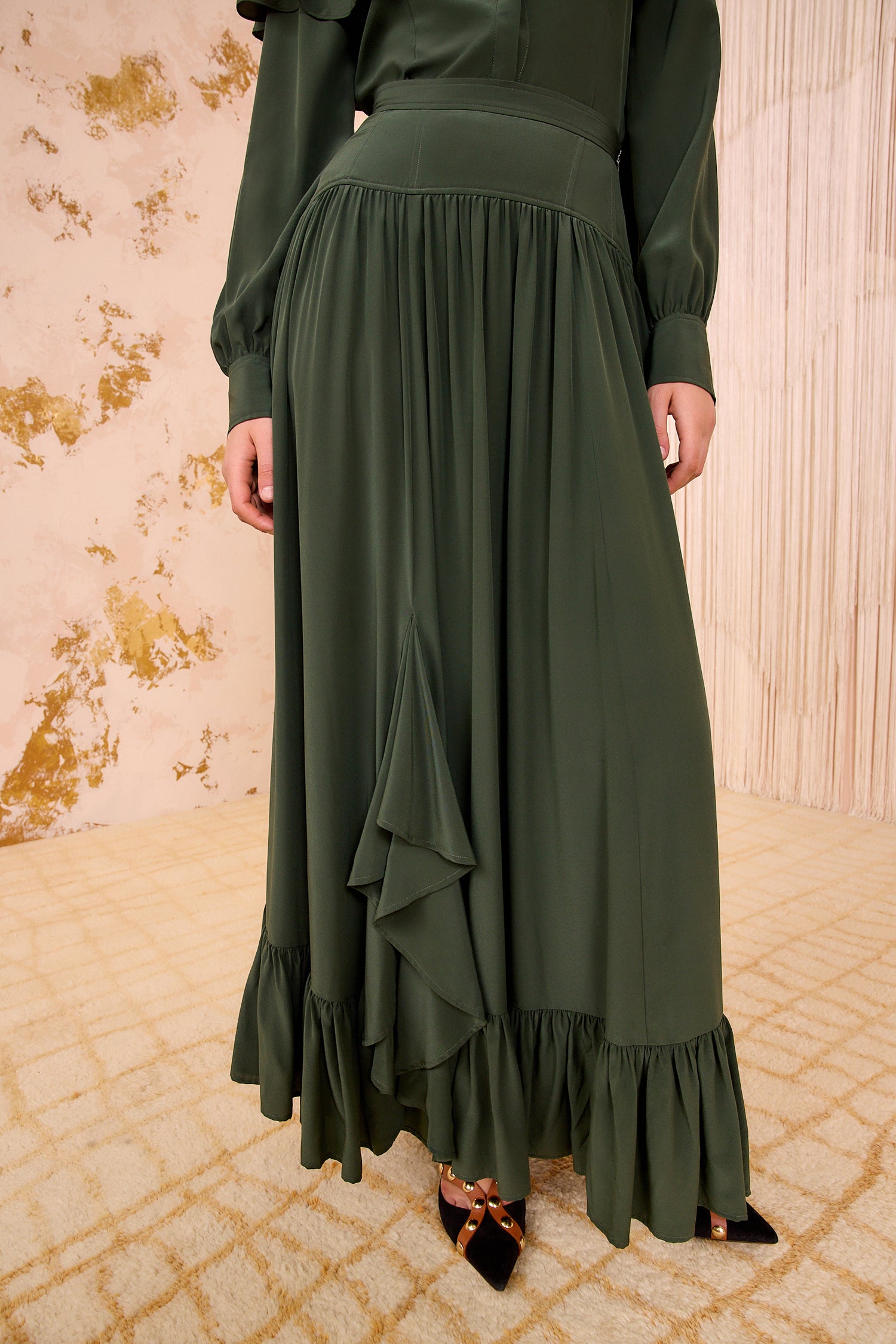 Lilou Silk High Waist Ruffle Midi Skirt - Cypress