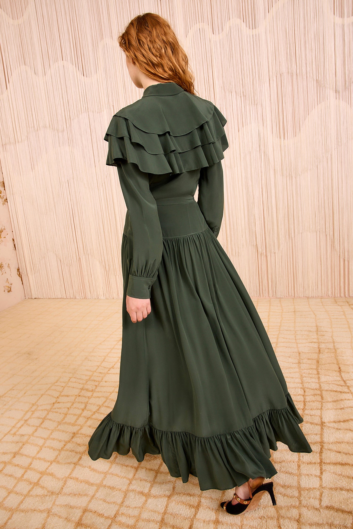 Lilou Silk High Waist Ruffle Midi Skirt - Cypress