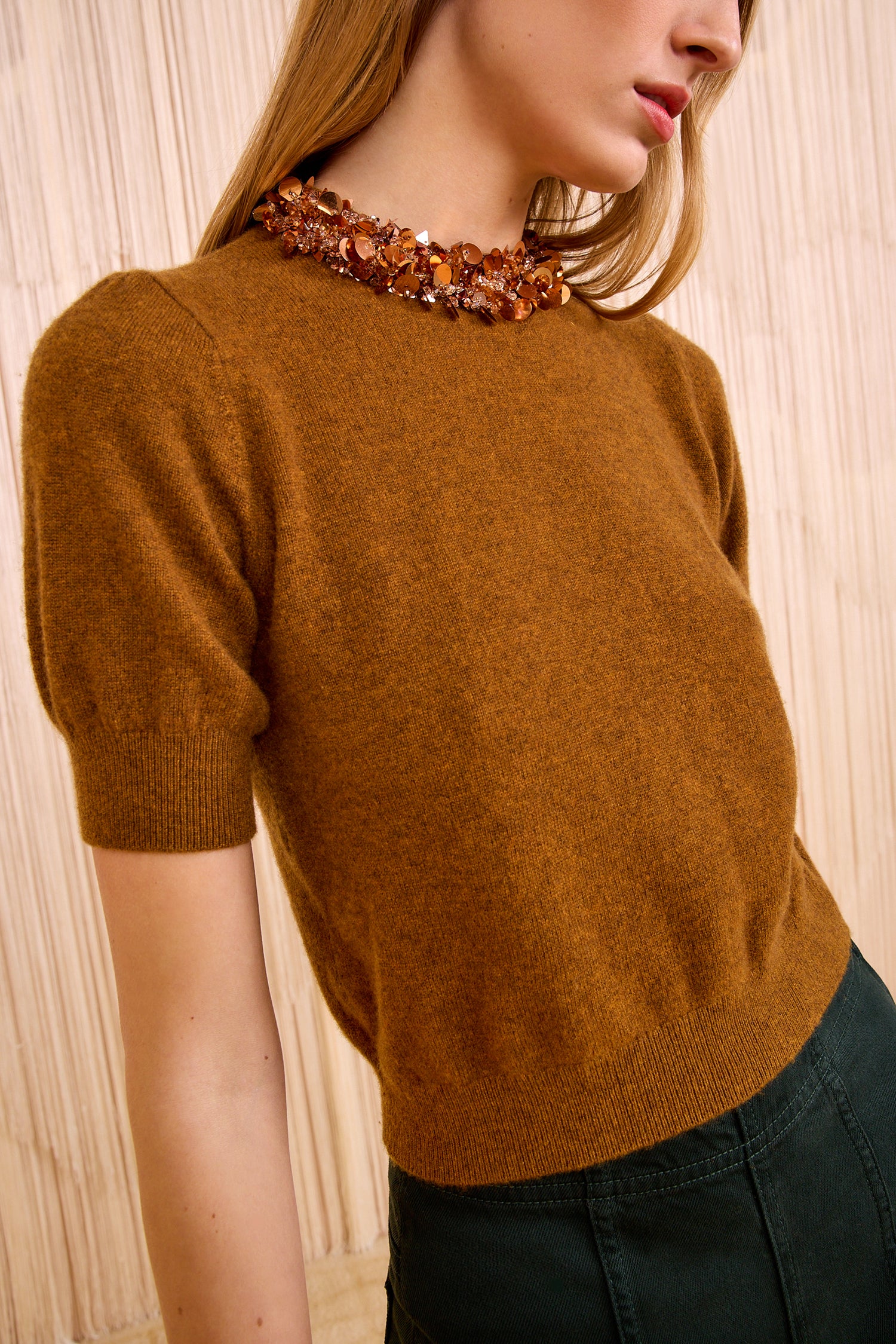 Liv Embroidered Cashmere Short Sleeve Knit - Umber