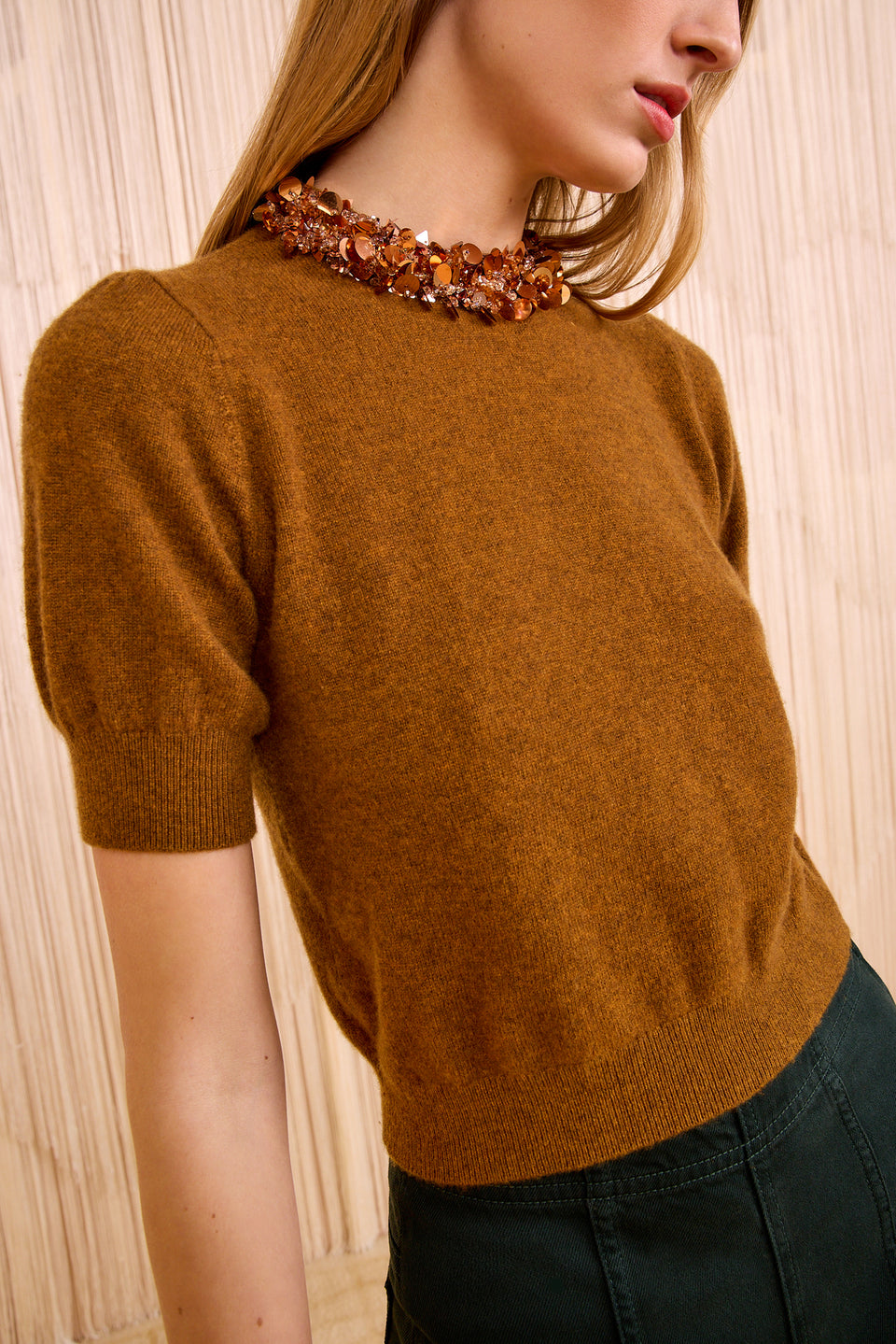 Liv Embroidered Cashmere Short Sleeve Knit - Umber