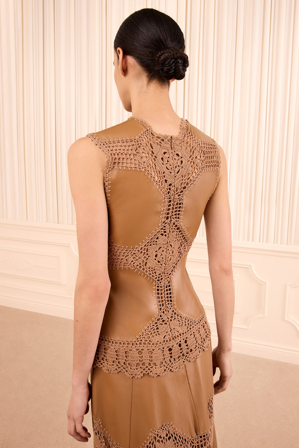 Livia Sleeveless Crochet & Leather Top - Camel