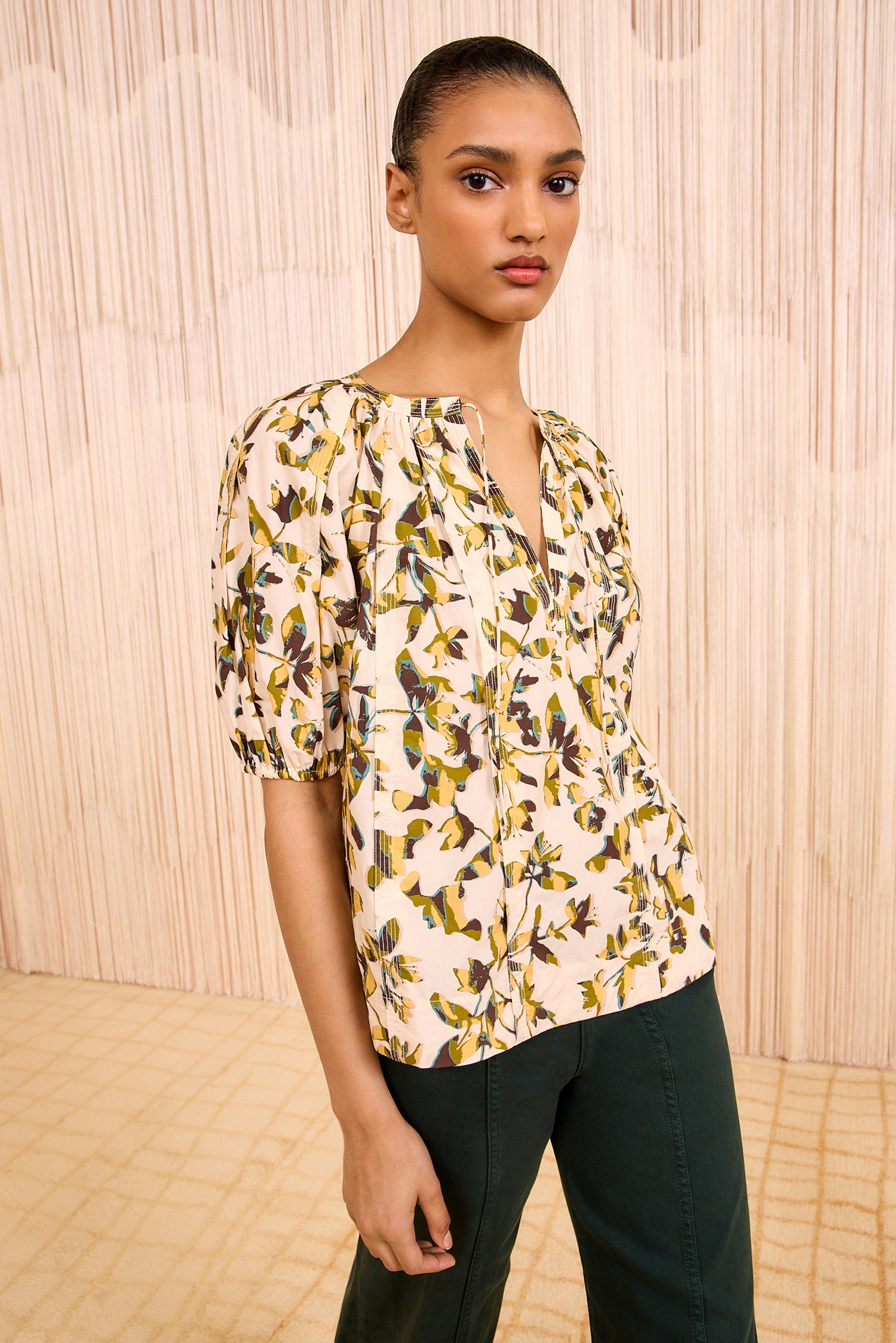 Loli Short Sleeve Blouse - Lucent Green Floral Cotton Top