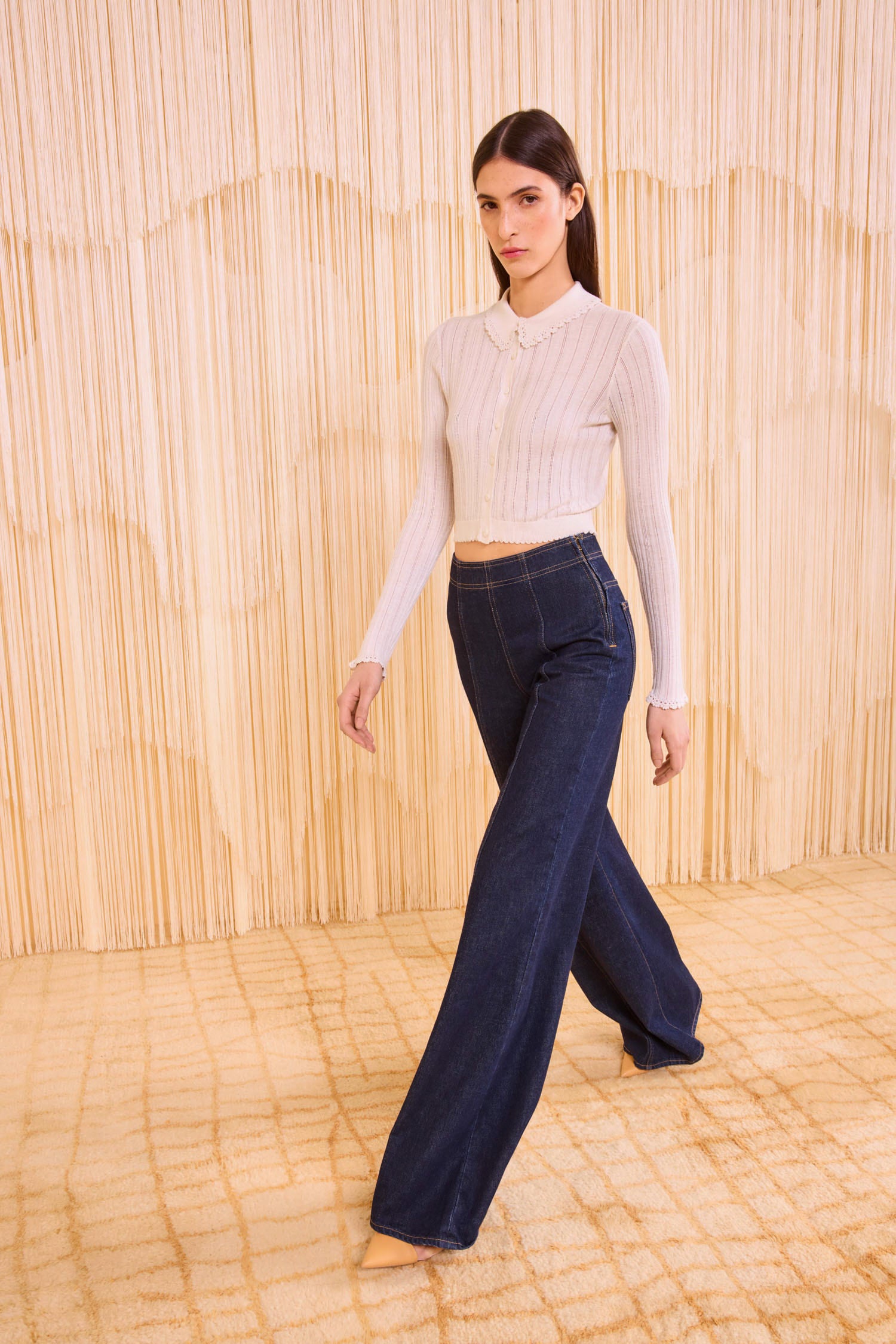 Lottie Knit Cardigan - Pristine White Hand-Crocheted Trim Slim-Fit