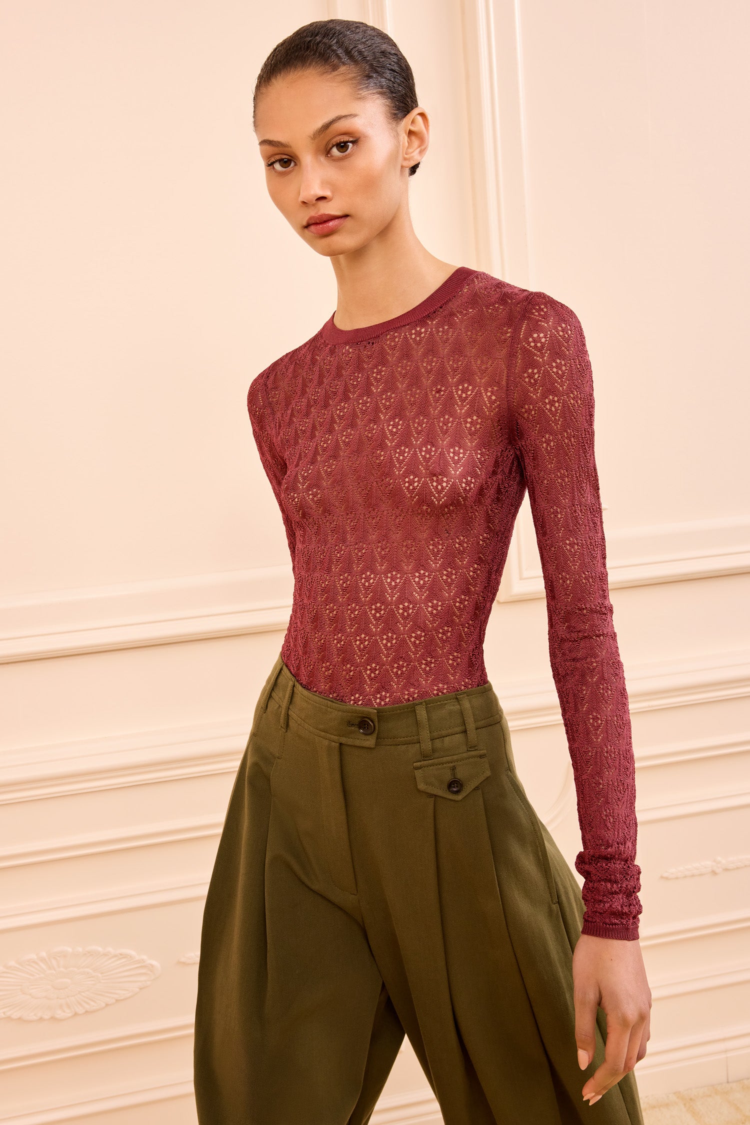 Lunaire Knit Top - Fig Red Pointelle Knit Long Sleeve Top - Ulla