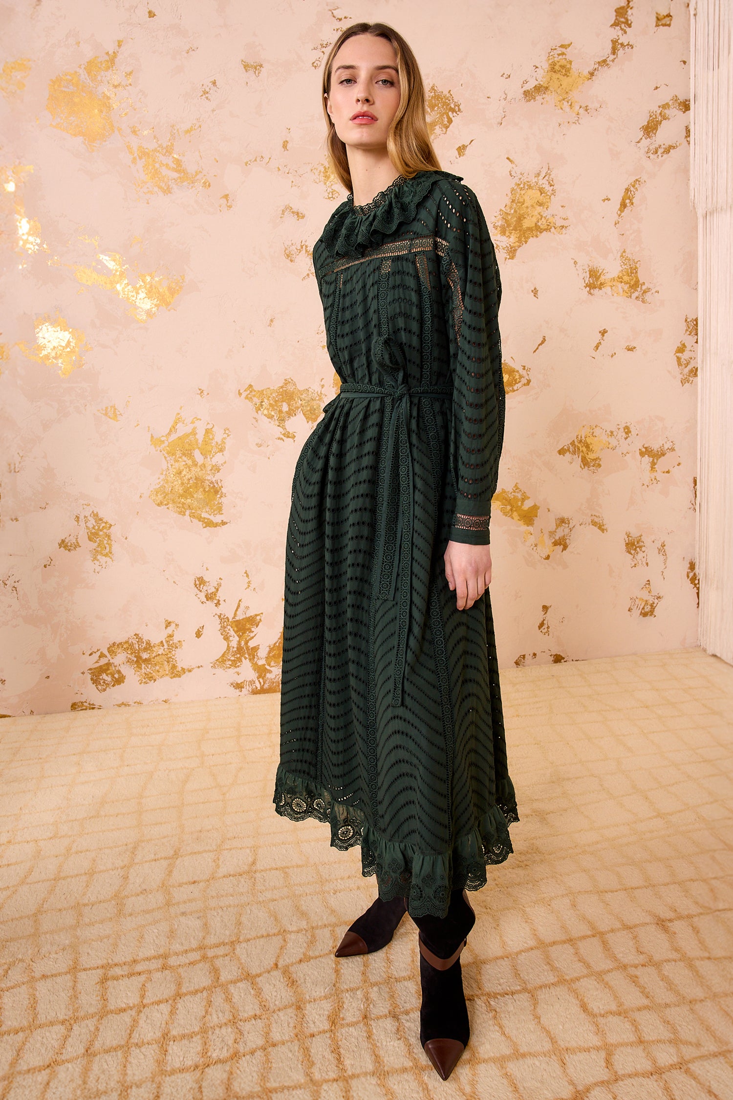 Lyla Cotton Long Dress - Cypress Cypress Green Eyelet Detail