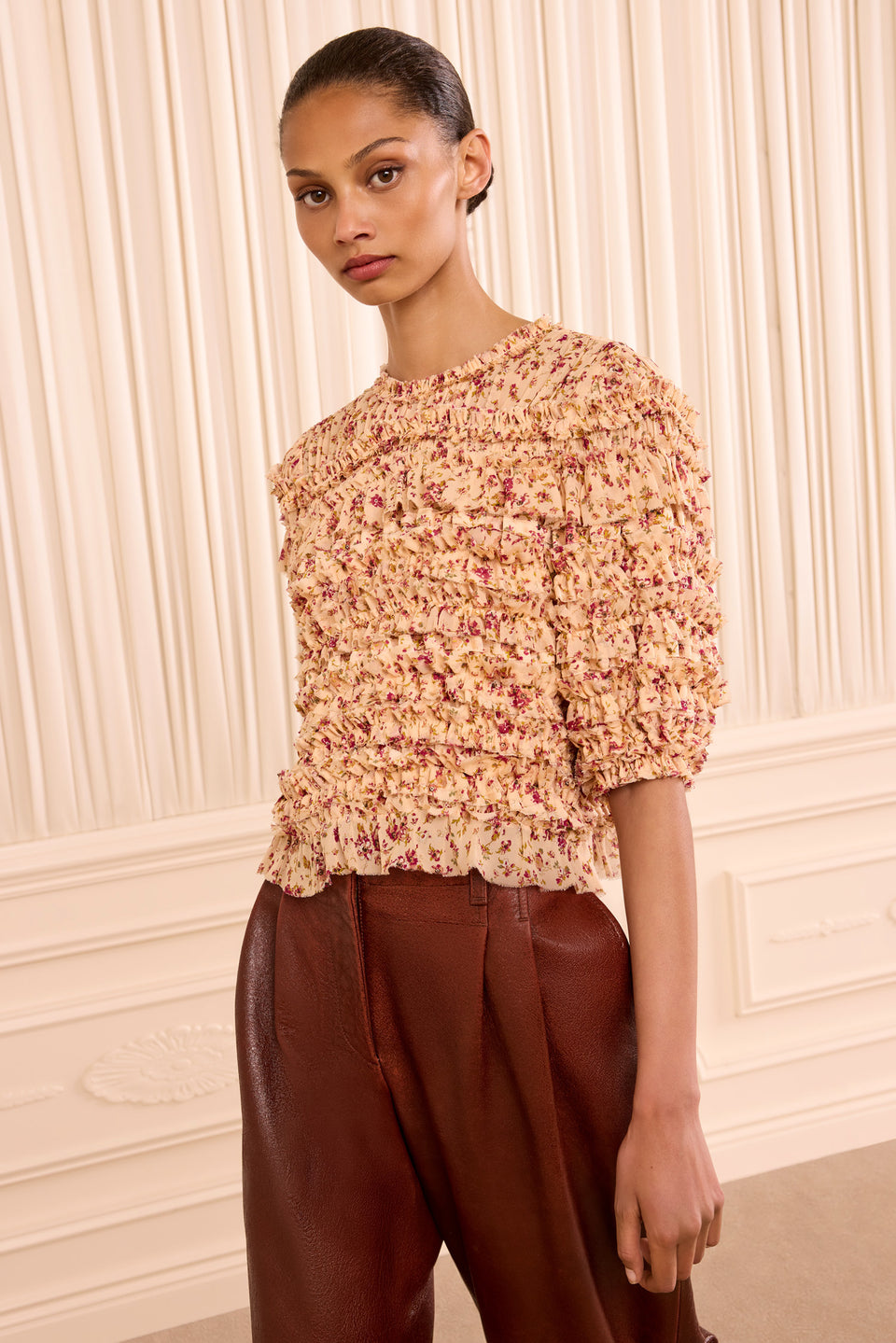 Mabel Short Sleeve Silk Top - Blush Mille Fleur