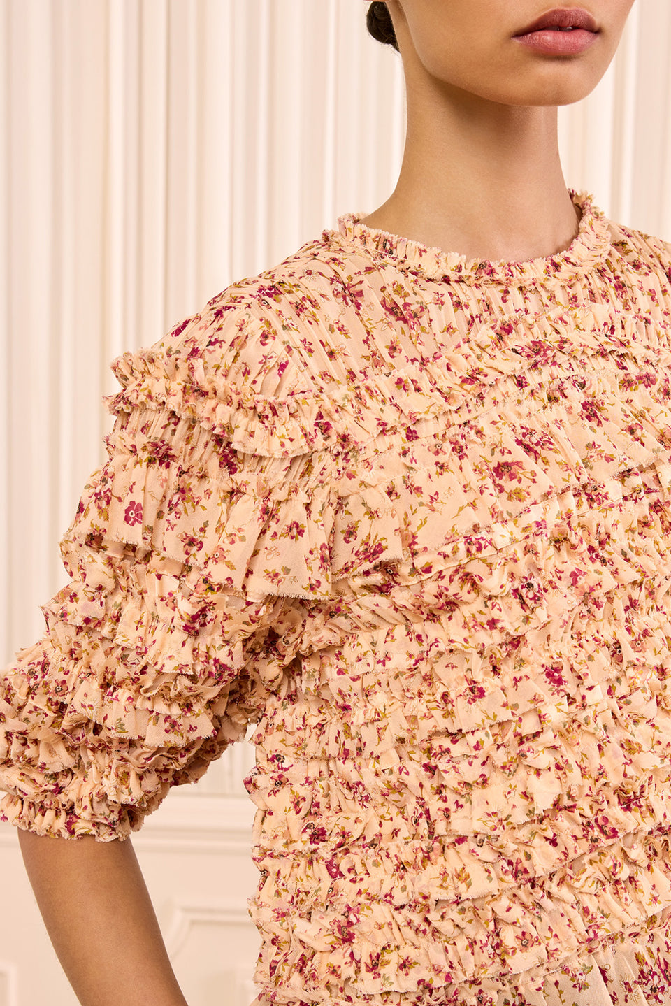 Mabel Short Sleeve Silk Top - Blush Mille Fleur