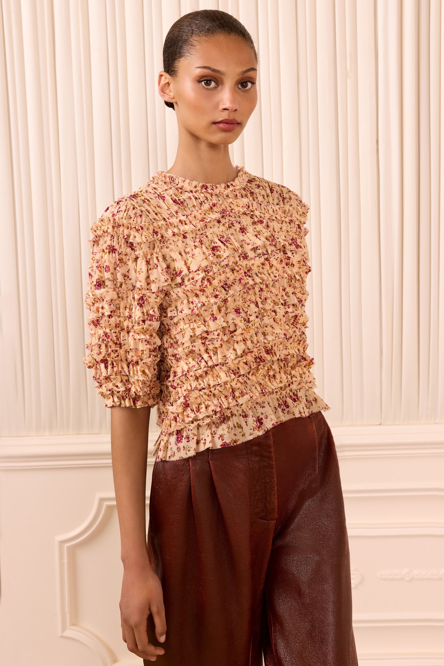 Mabel Short Sleeve Silk Top - Blush Mille Fleur