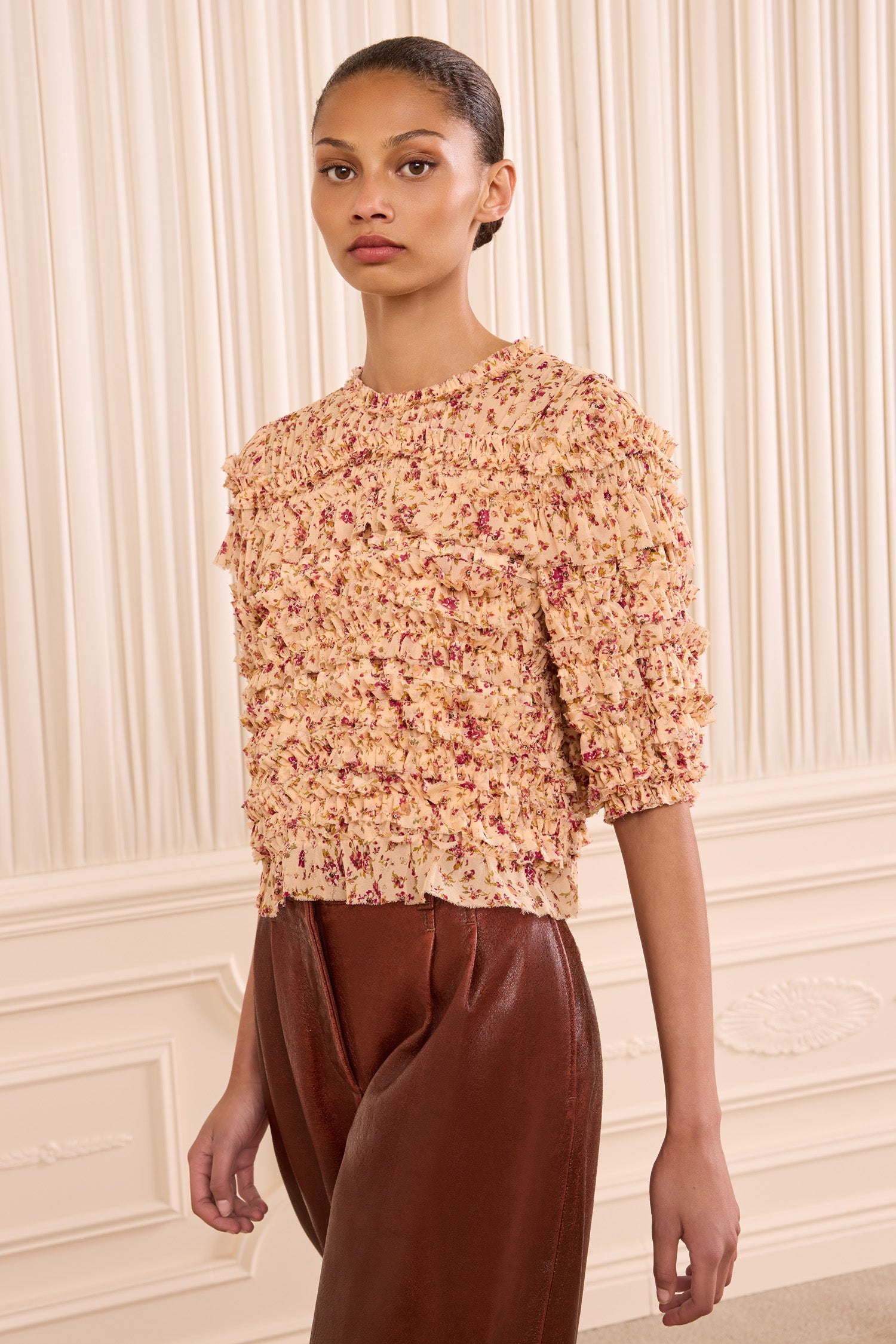 Mabel Short Sleeve Silk Top - Blush Mille Fleur Cropped Blush