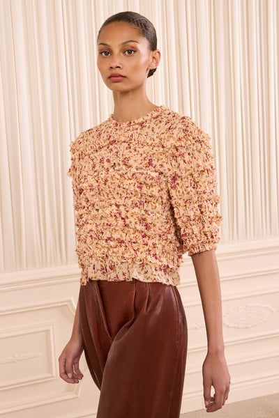 Mabel Short Sleeve Silk Top - Blush Mille Fleur Cropped Blush