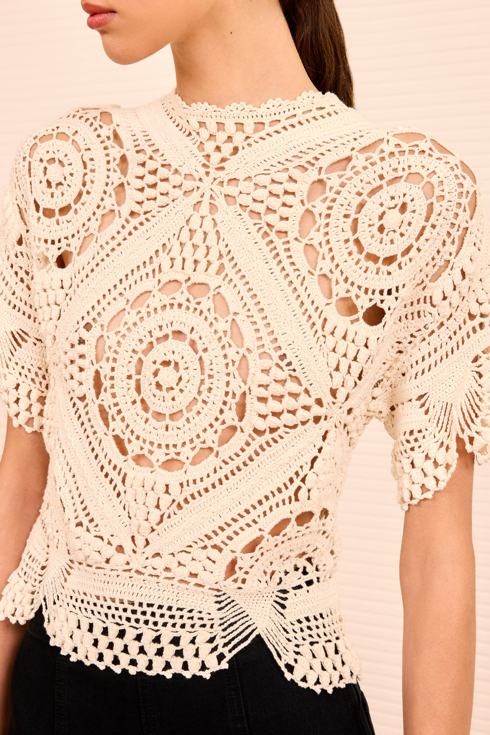 Maddalena Short Sleeve Hand Crochet Top - Cowrie