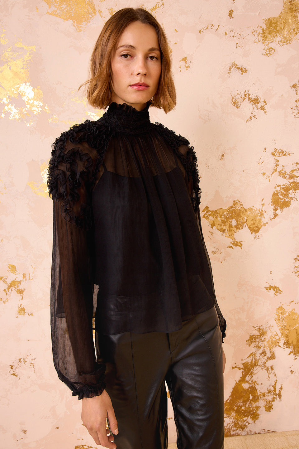 Magdalena Silk Smocked Long Sleeve Blous - Noir