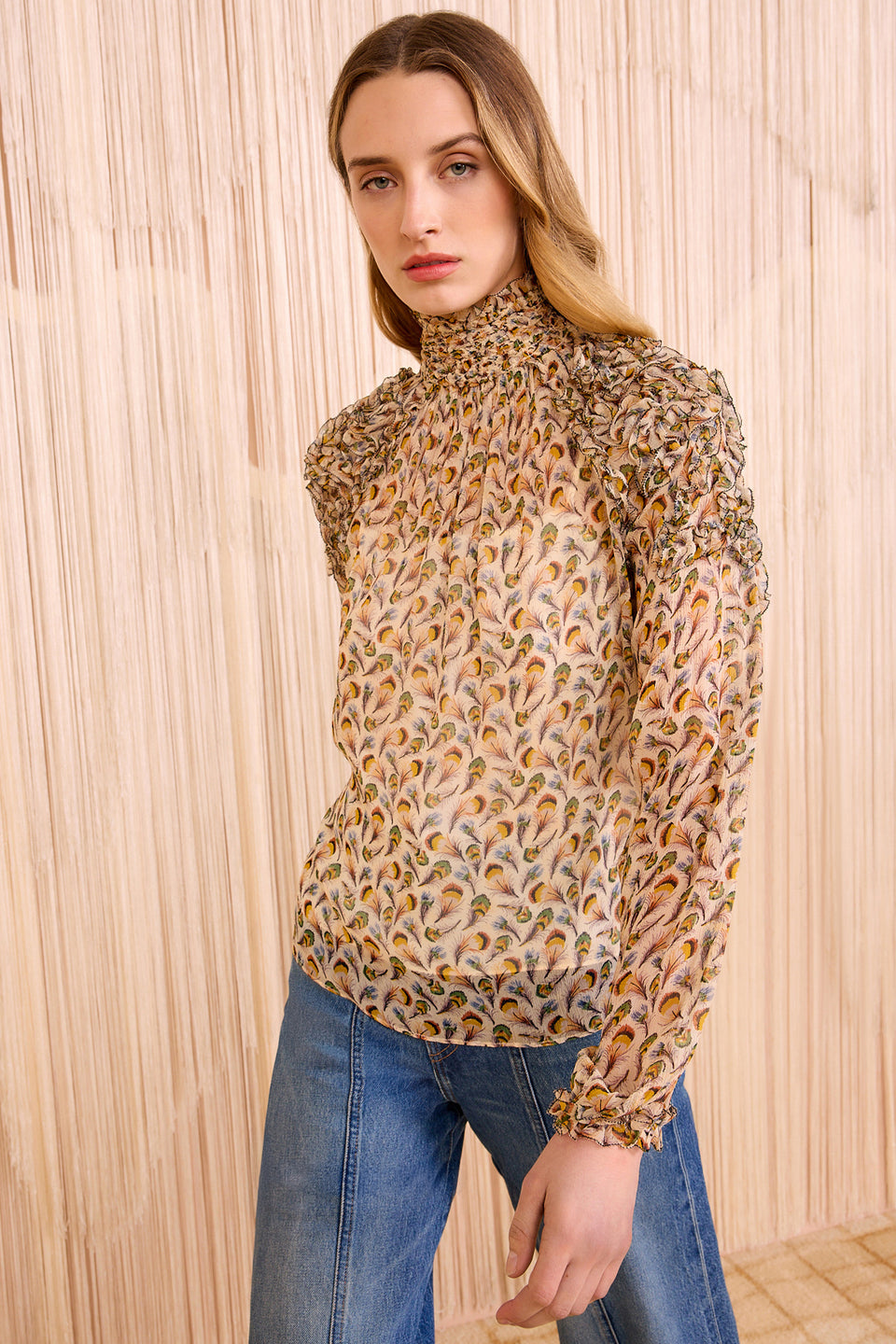 Magdalena Silk Embroidered Ruffle Long Sleeve Blouse - Swan