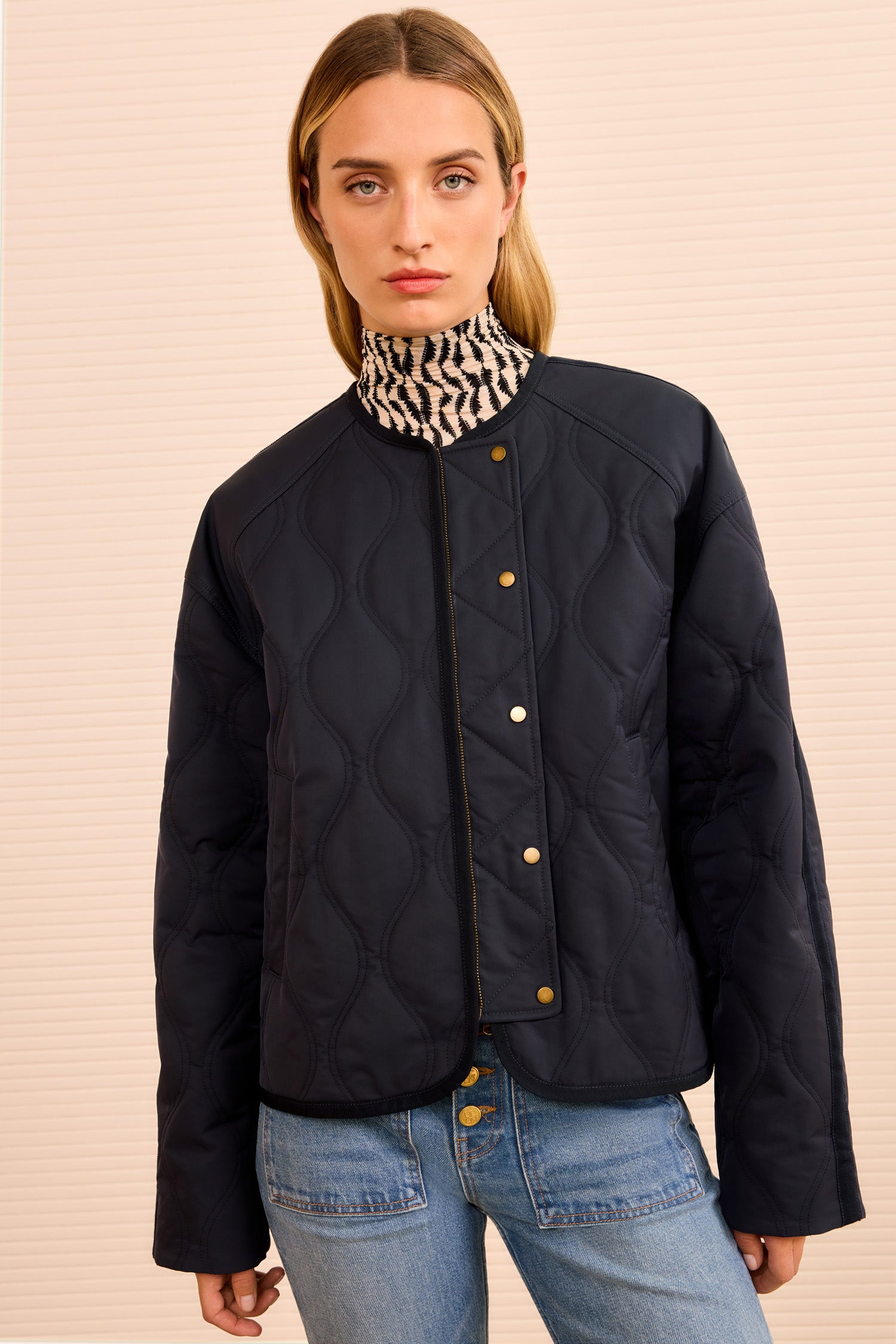 Malone Quilted Jacket - Midnight Navy Collarless Quilted Jacket