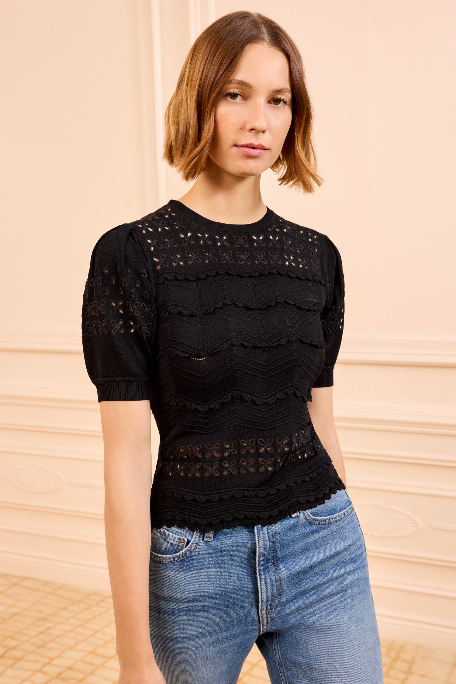 Marcelena Eyelet Knit Top - Noir Black Short Sleeve Ruffle Top