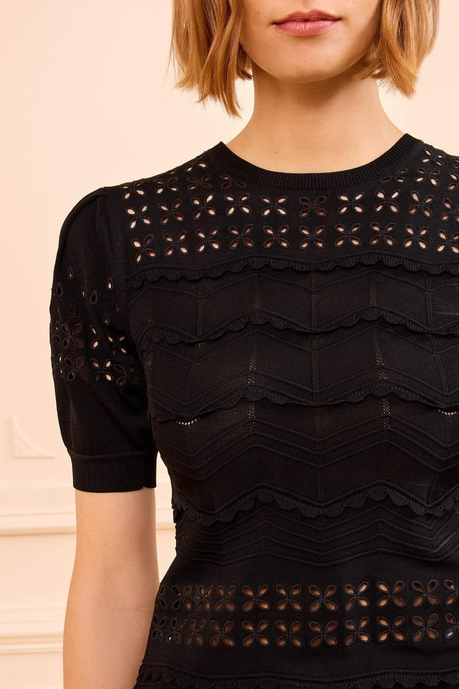 Marcelena Eyelet Knit Top - Noir Black Short Sleeve Ruffle Top