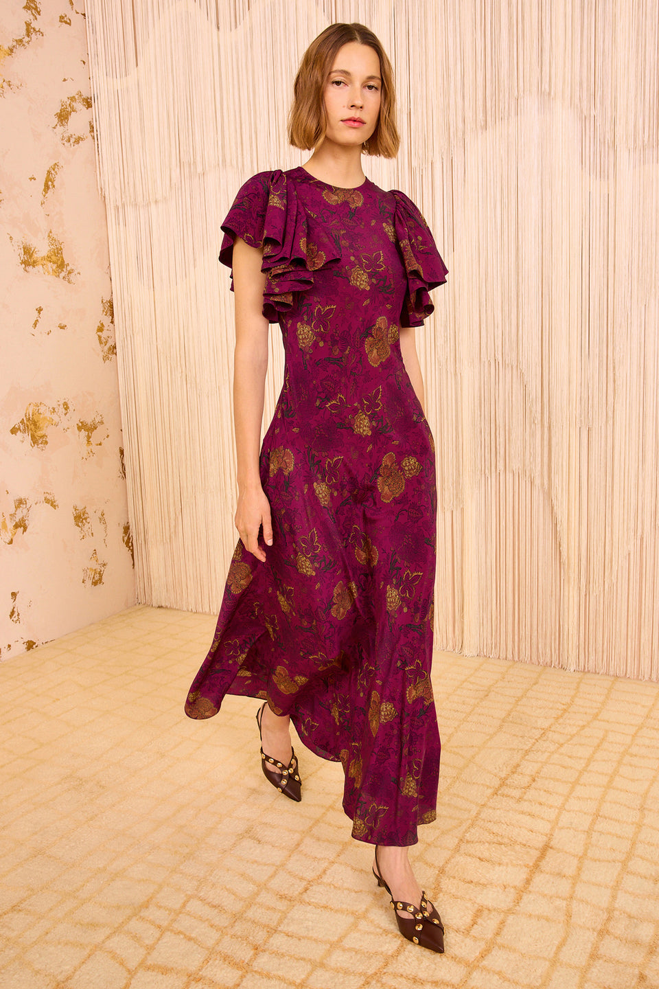 Mariam Silk Bias Cut Flutter Sleeve Dress - Peony