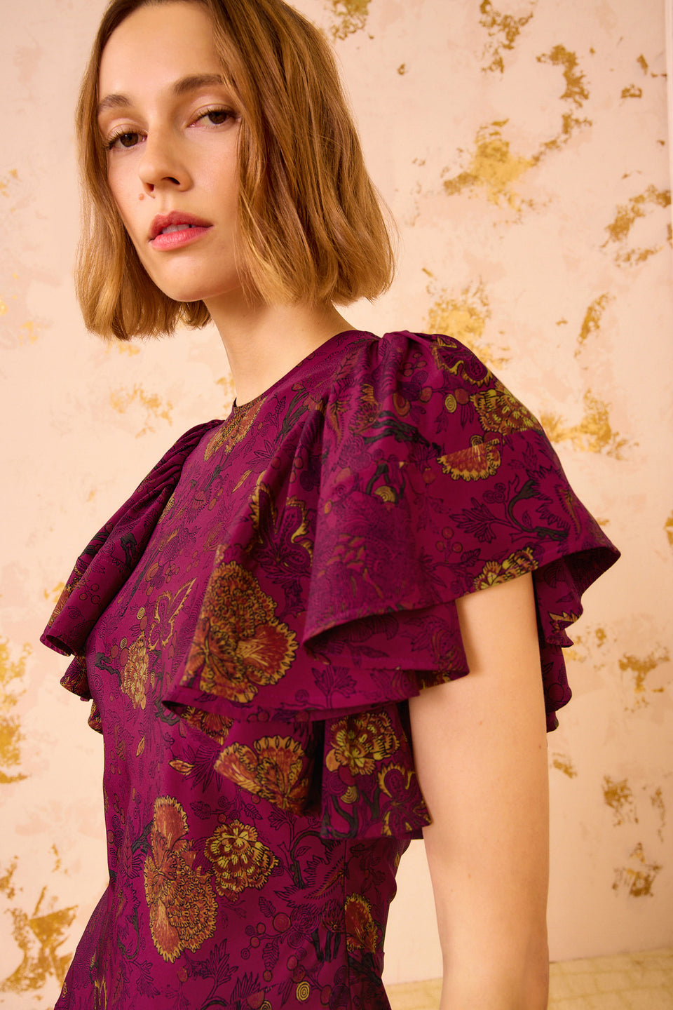 Mariam Silk Bias Cut Flutter Sleeve Dress - Peony