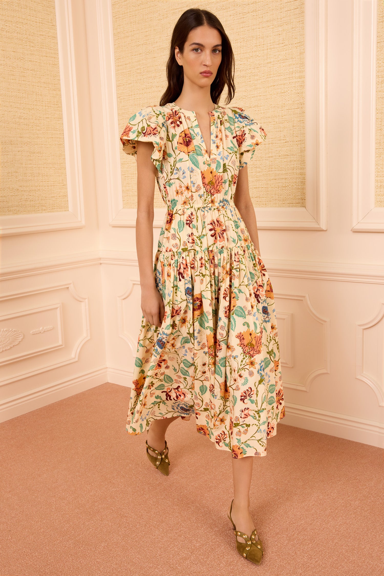 cotton midi dress for women Ulla Johnson | Women's Marin Cotton Midi Dress in Orange Multicolor Pleated Midi Dress Size 10 | Evening Dress