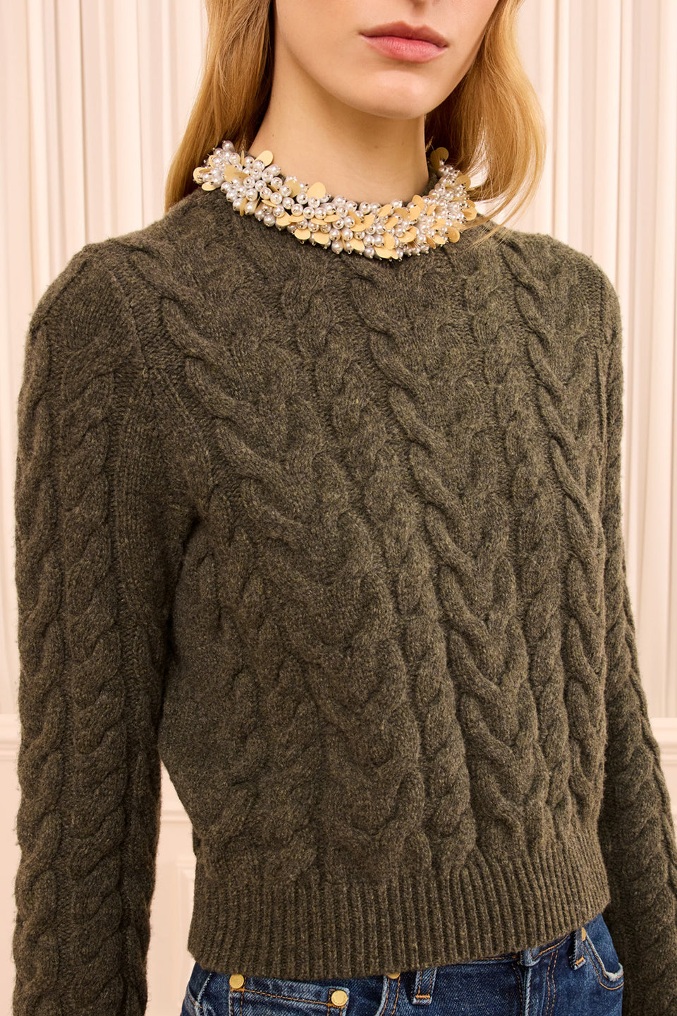 Marlie Cropped Knit Pullover with Embell - Militaire