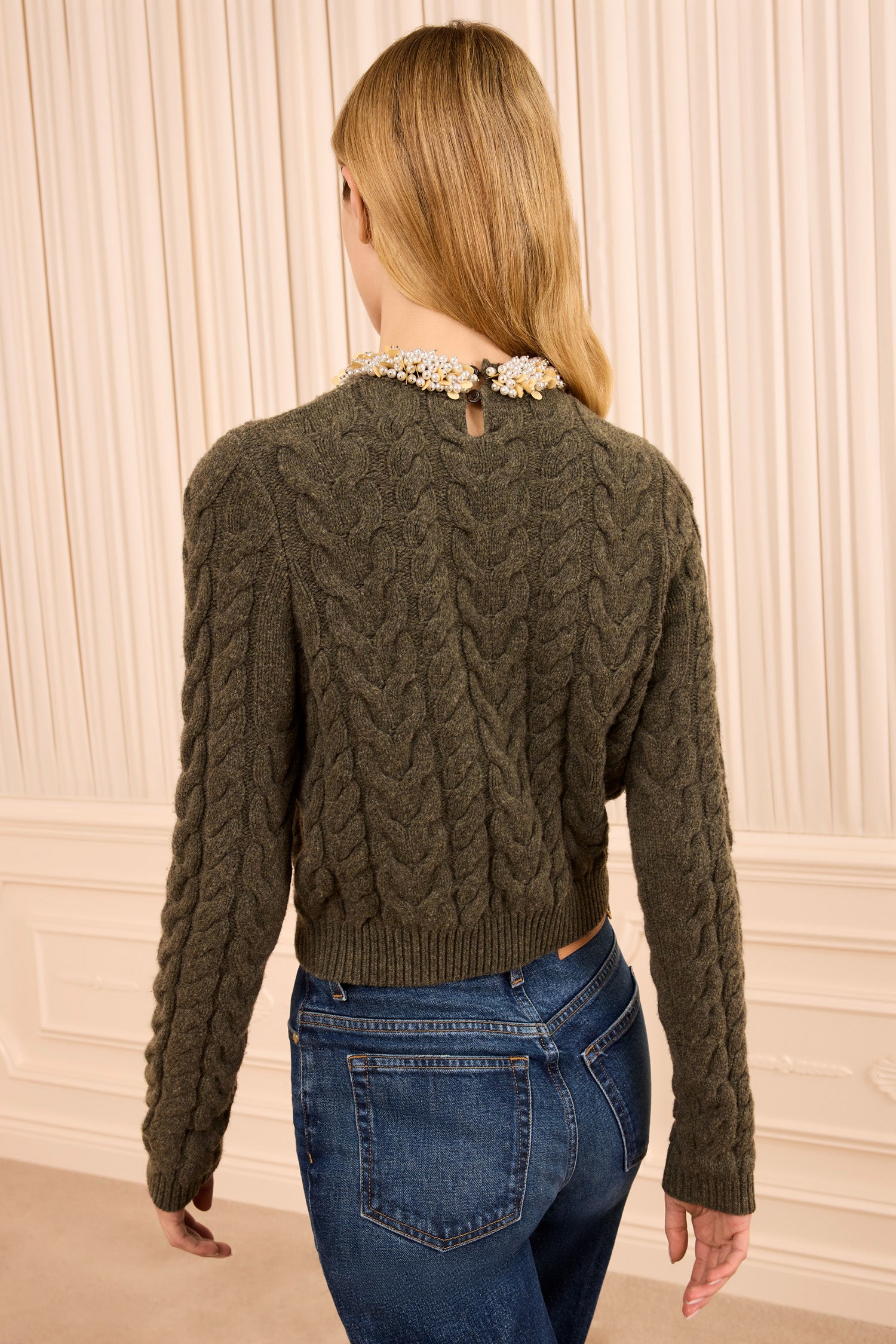 Marlie Cropped Knit Pullover with Embell - Militaire