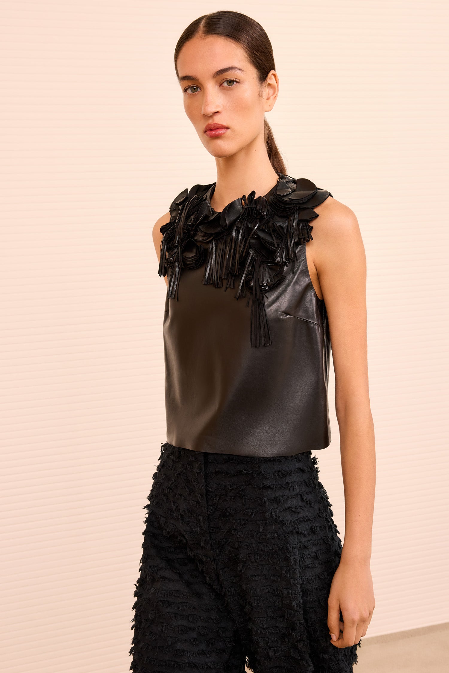 Marlowe Floral Applique Leather Top - Noir