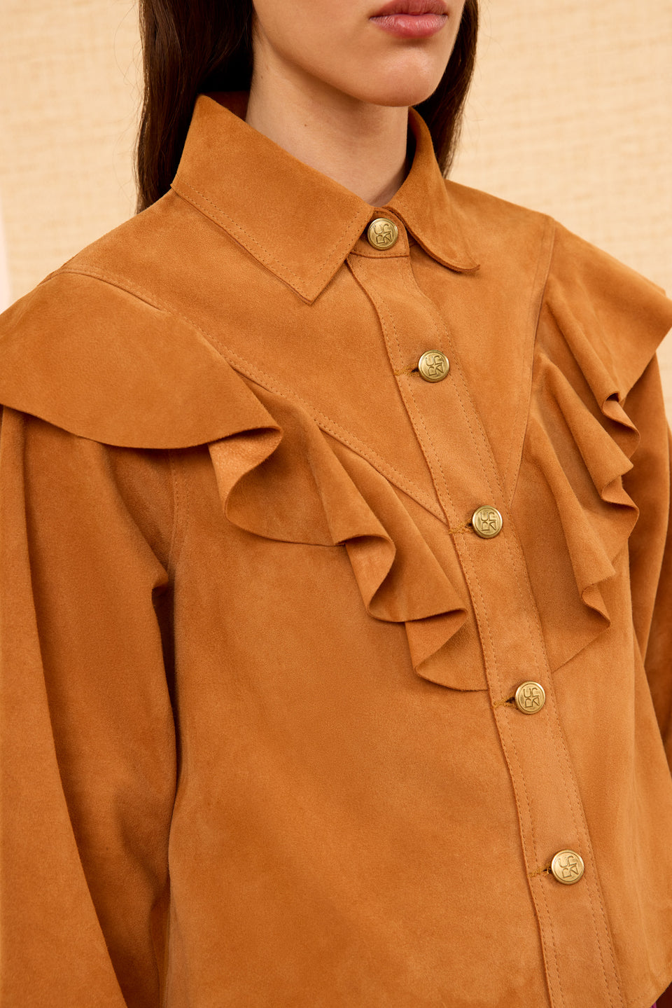 Matilde Ruffle Suede Jacket - Cognac