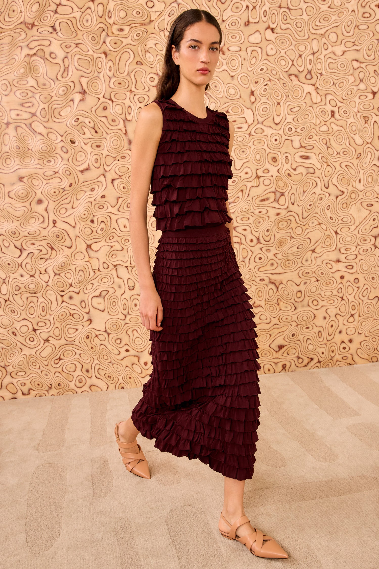 スカート MIYAO slit frills skirts Mimi Ruffled Midi Skirt - Claret - Ulla Johnson