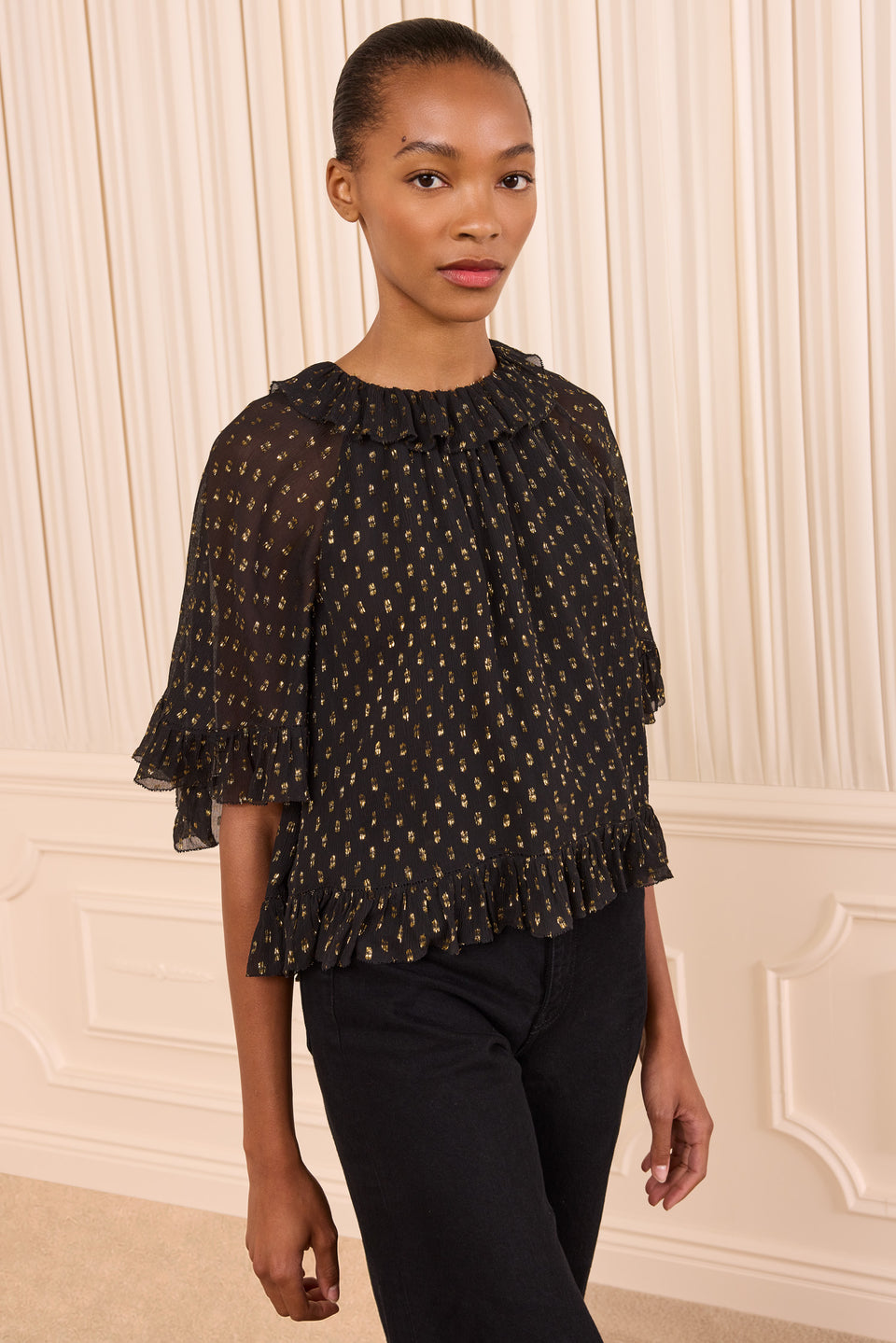 Minna Short Sleeve Silk Blouse - Noir
