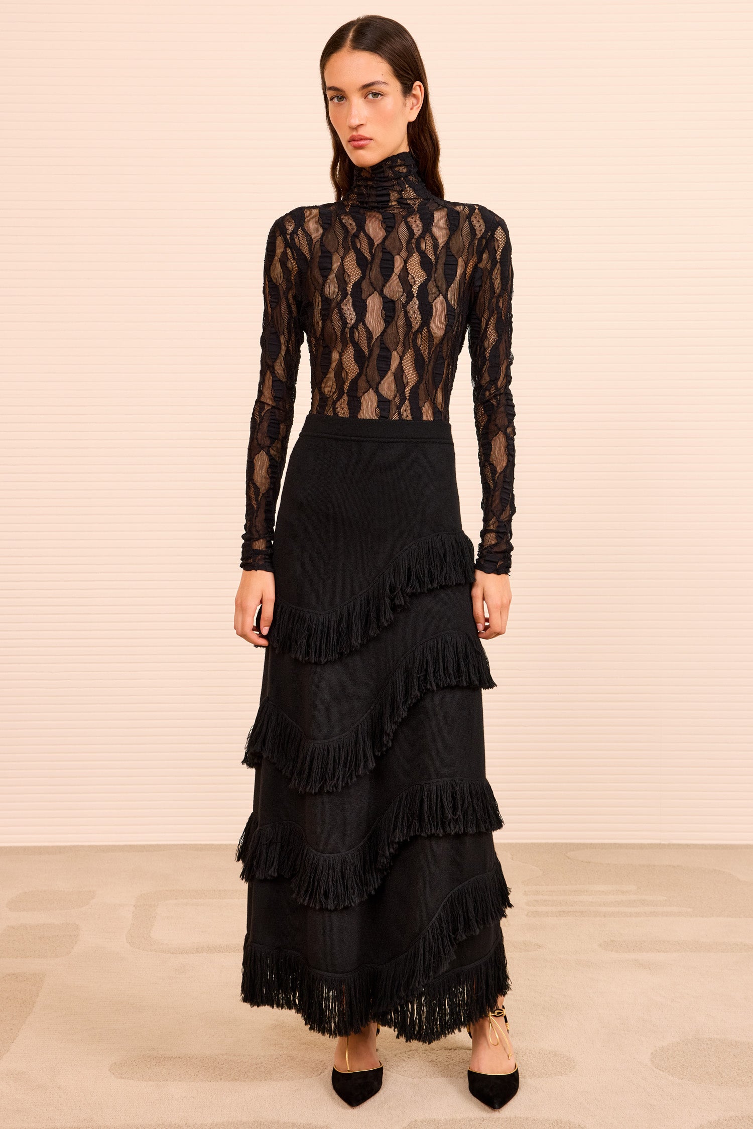 Mirena Long Knit Skirt w/ Fringe - Noir