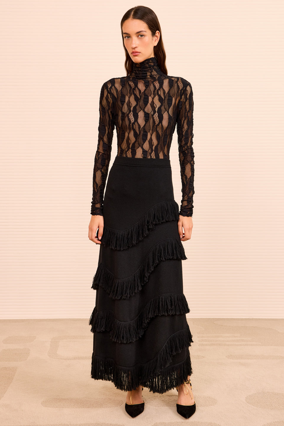 Mirena Long Knit Skirt w/ Fringe - Noir