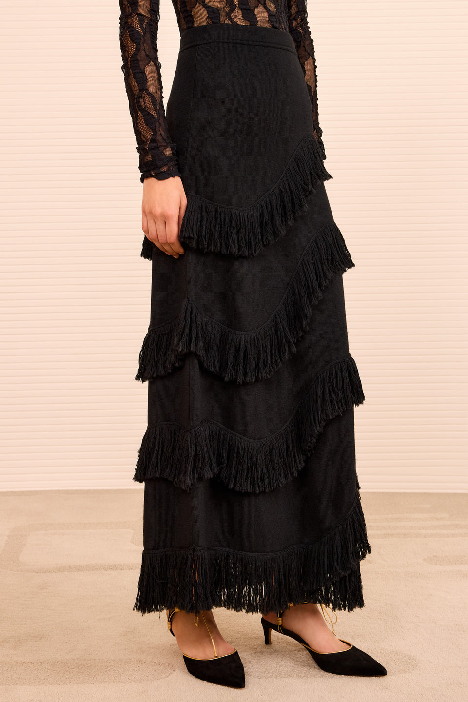 Mirena Long Knit Skirt w/ Fringe - Noir
