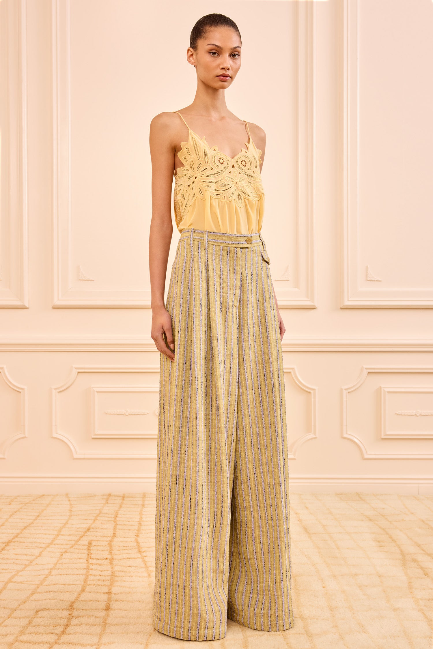 Motherwell Wide Leg Trouser - Agave Green & Gray Striped Mid Rise