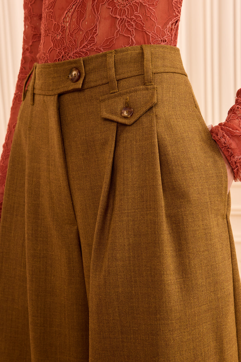 Ochre Melange Wool Trouser - Waistband and Ticket Pocket Detail | Ulla Johnson