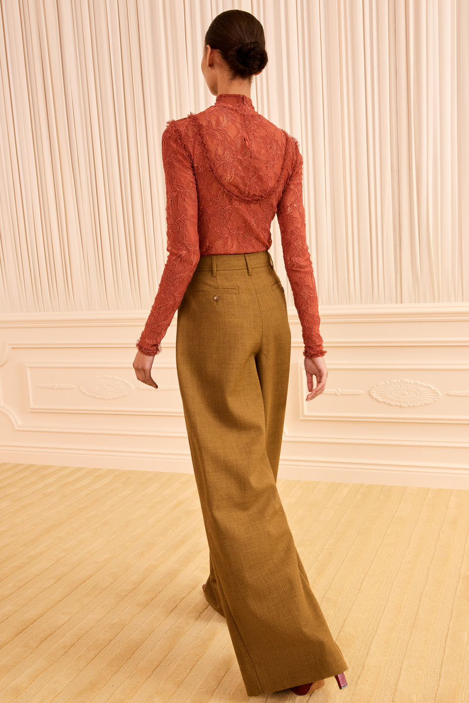 Ochre Melange Wool Wide Leg Trouser - Back View On Model | Ulla Johnson