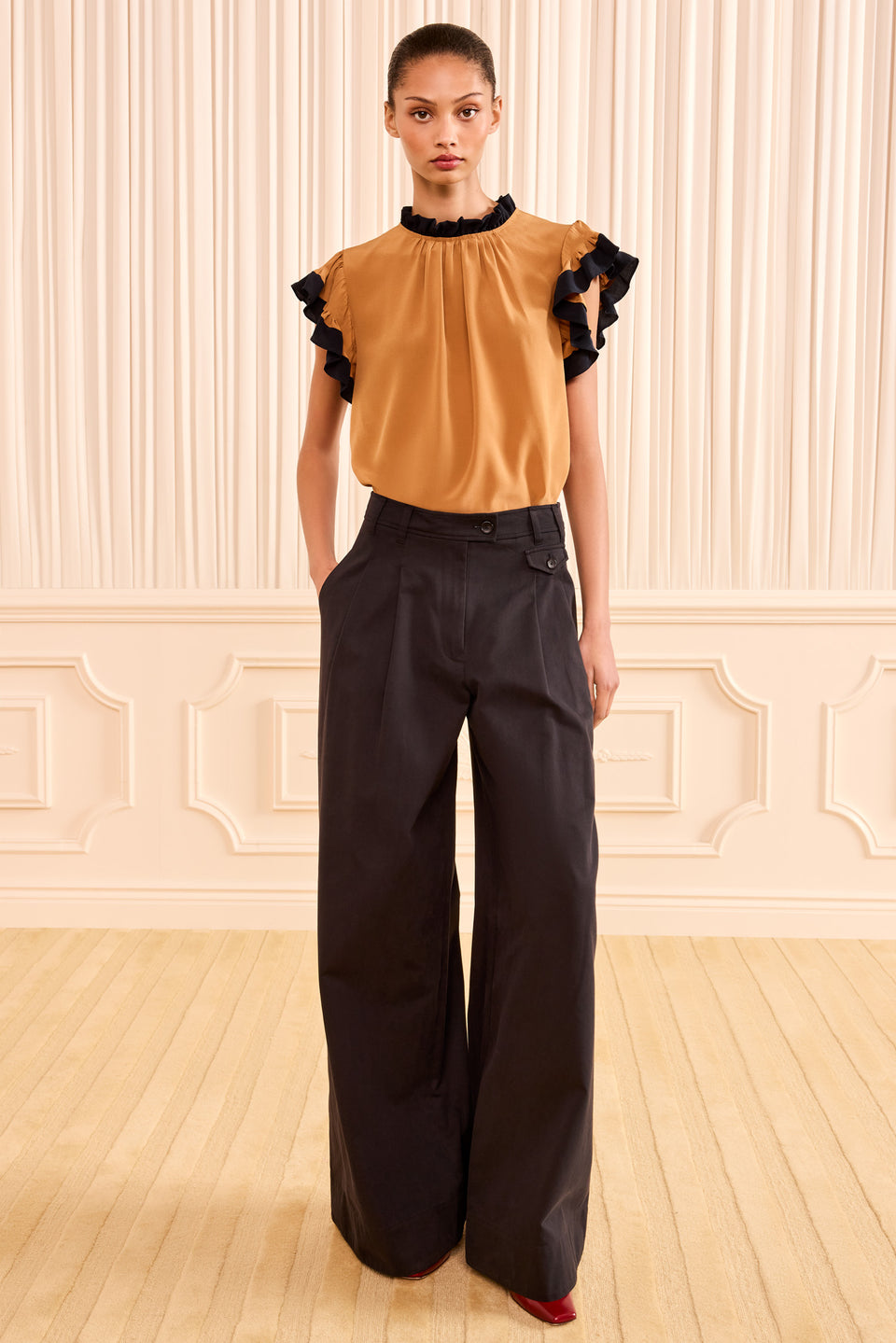 Noir Cotton Wide Leg Trouser - Front View On Model, Luxury Designer Trousers | Ulla Johnson