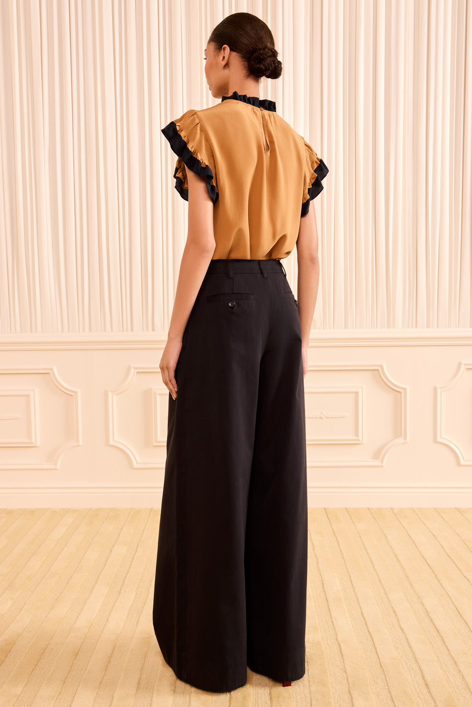 Noir Cotton Twill Wide Leg Trouser - Back View On Model | Ulla Johnson