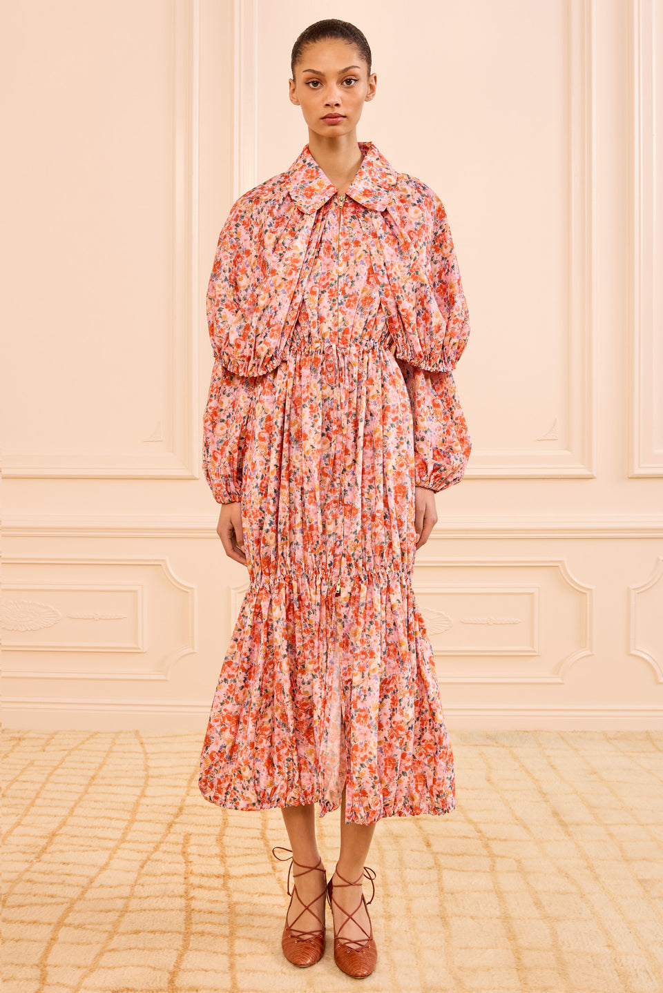 designer floral dresses Long Pink Floral-Print Prom Dress with Ruffles Leo offers modern Shop Designer Floral Dresses Online