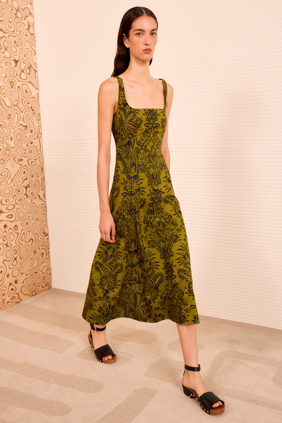 Natali Tank A-Line Dress - Olive Flora