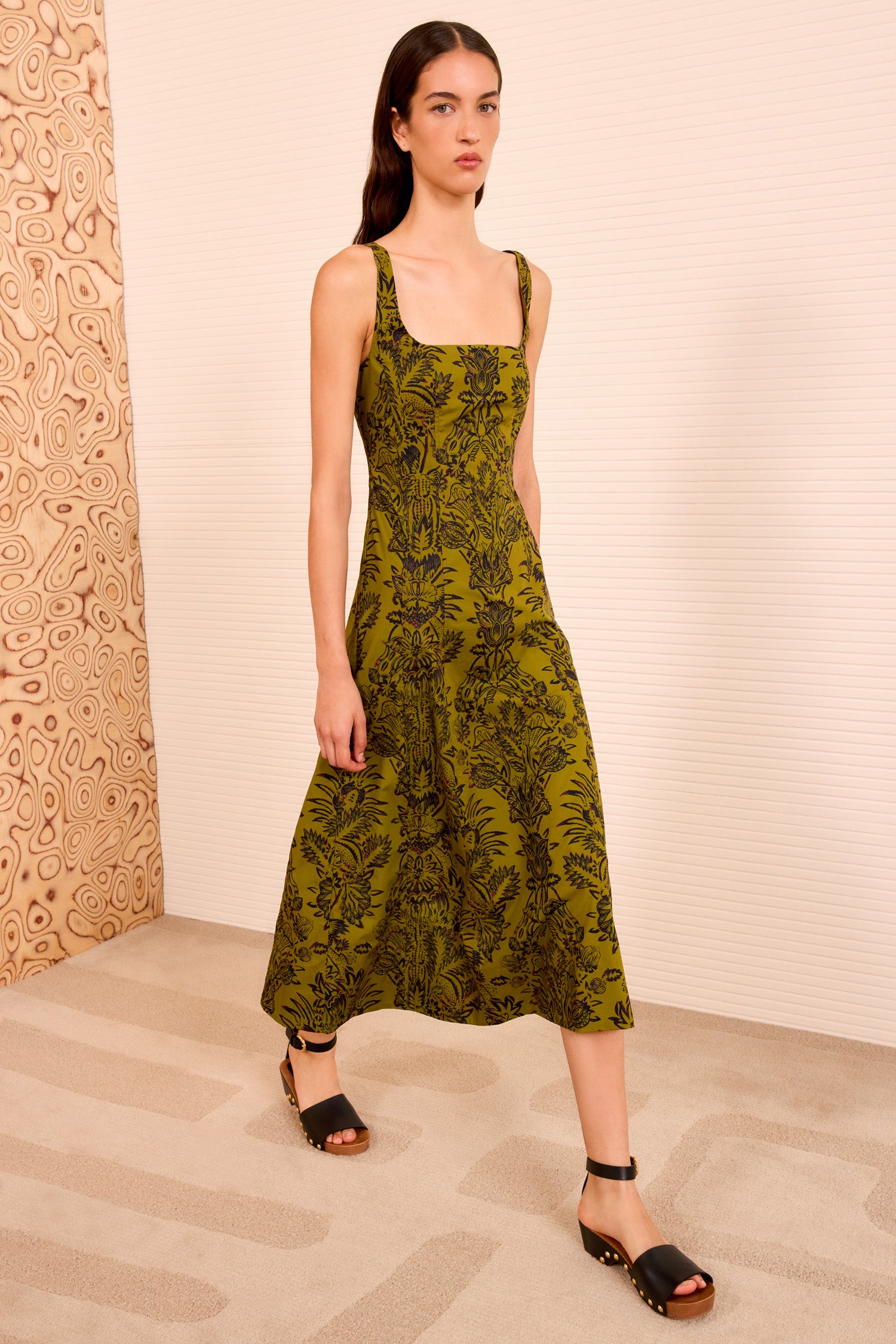 ulla johnson green dress Natali Tank A – Line Dress - Olive Flora Black and Green Floral Print Midi Dress